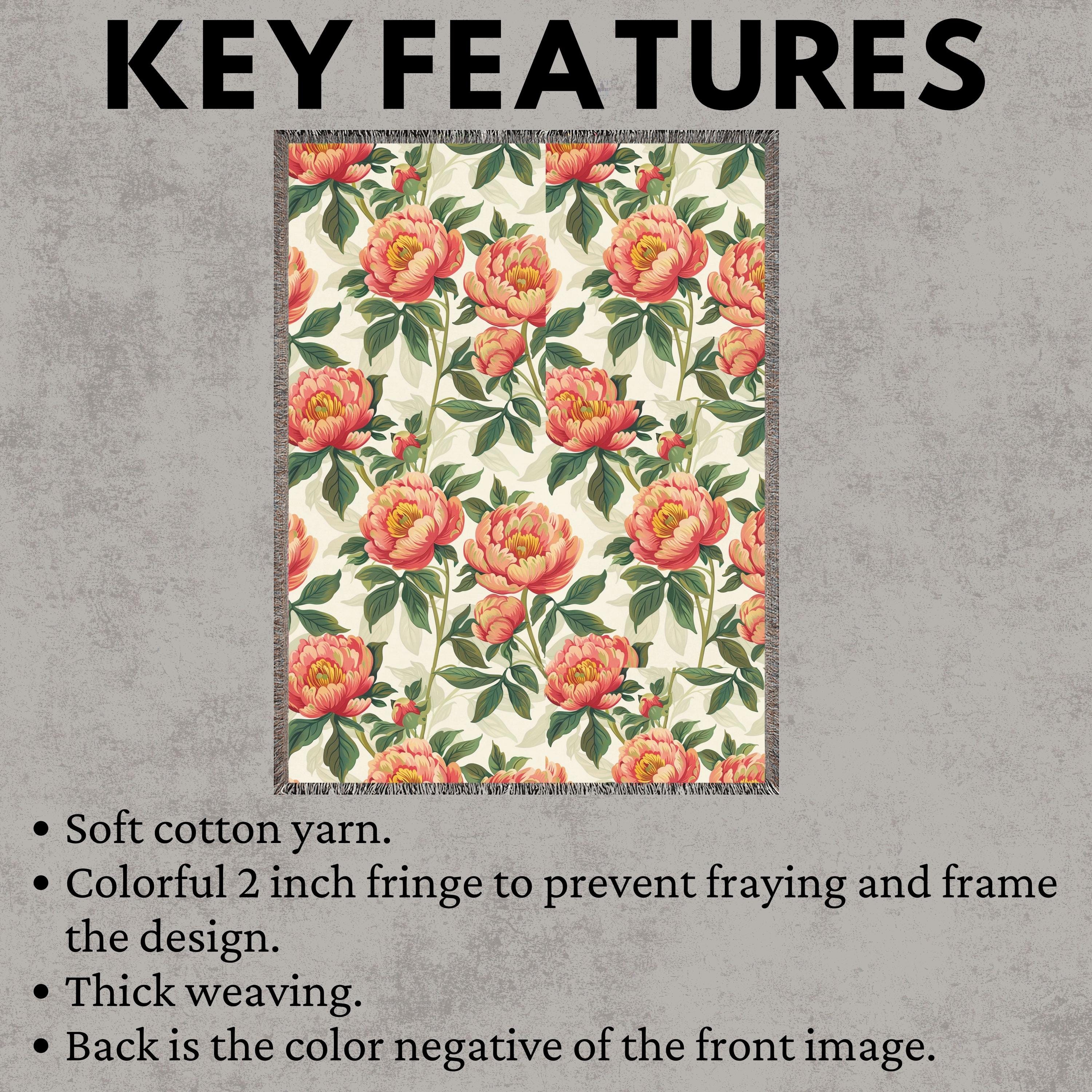 Bright Peonies Pattern Blanket, Vibrant Floral Throw, Multi-Color Tapestry Blanket, Peonies Floral Blanket, Cotton Throws, Housewarming Gift