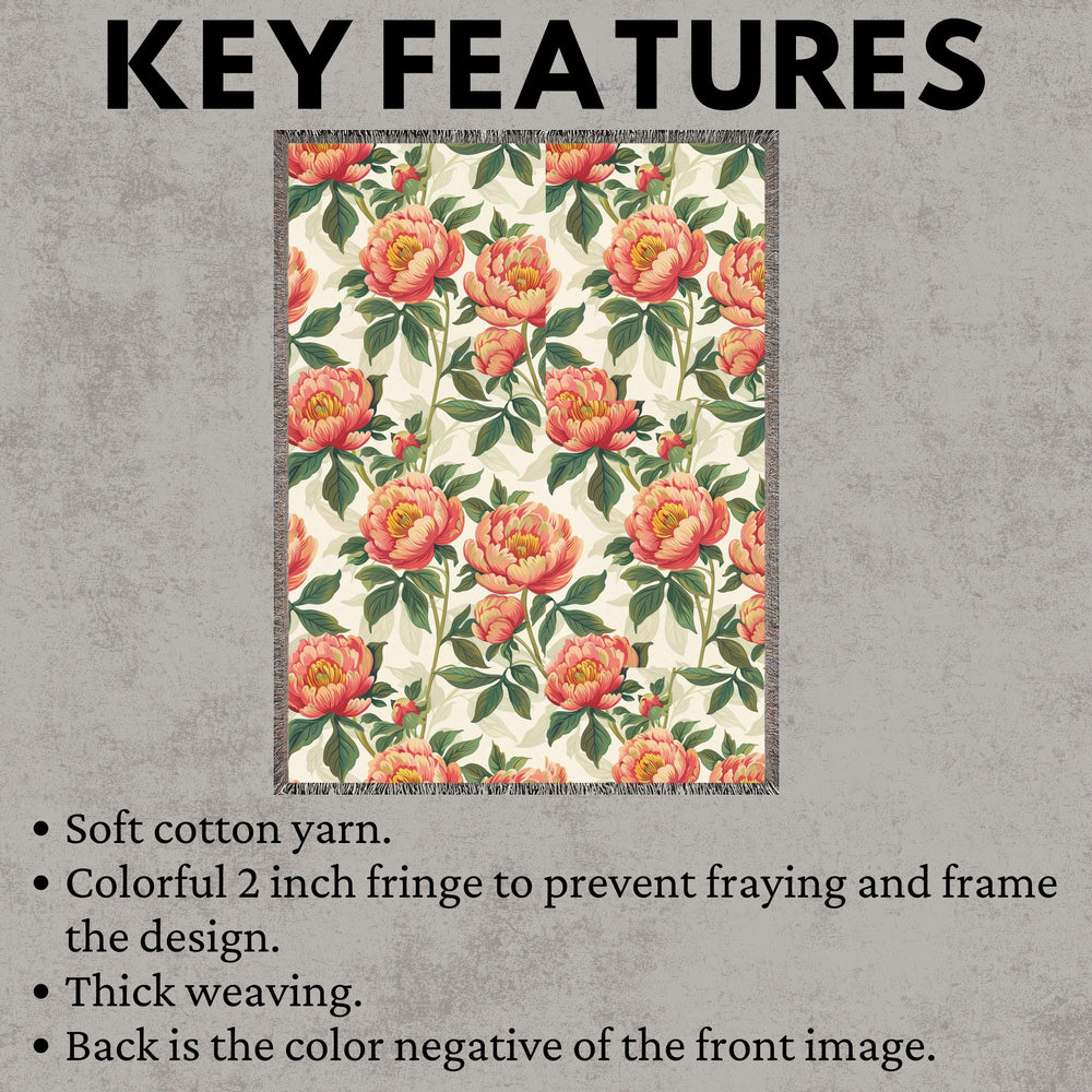 Bright Peonies Pattern Blanket, Vibrant Floral Throw, Multi-Color Tapestry Blanket, Peonies Floral Blanket, Cotton Throws, Housewarming Gift