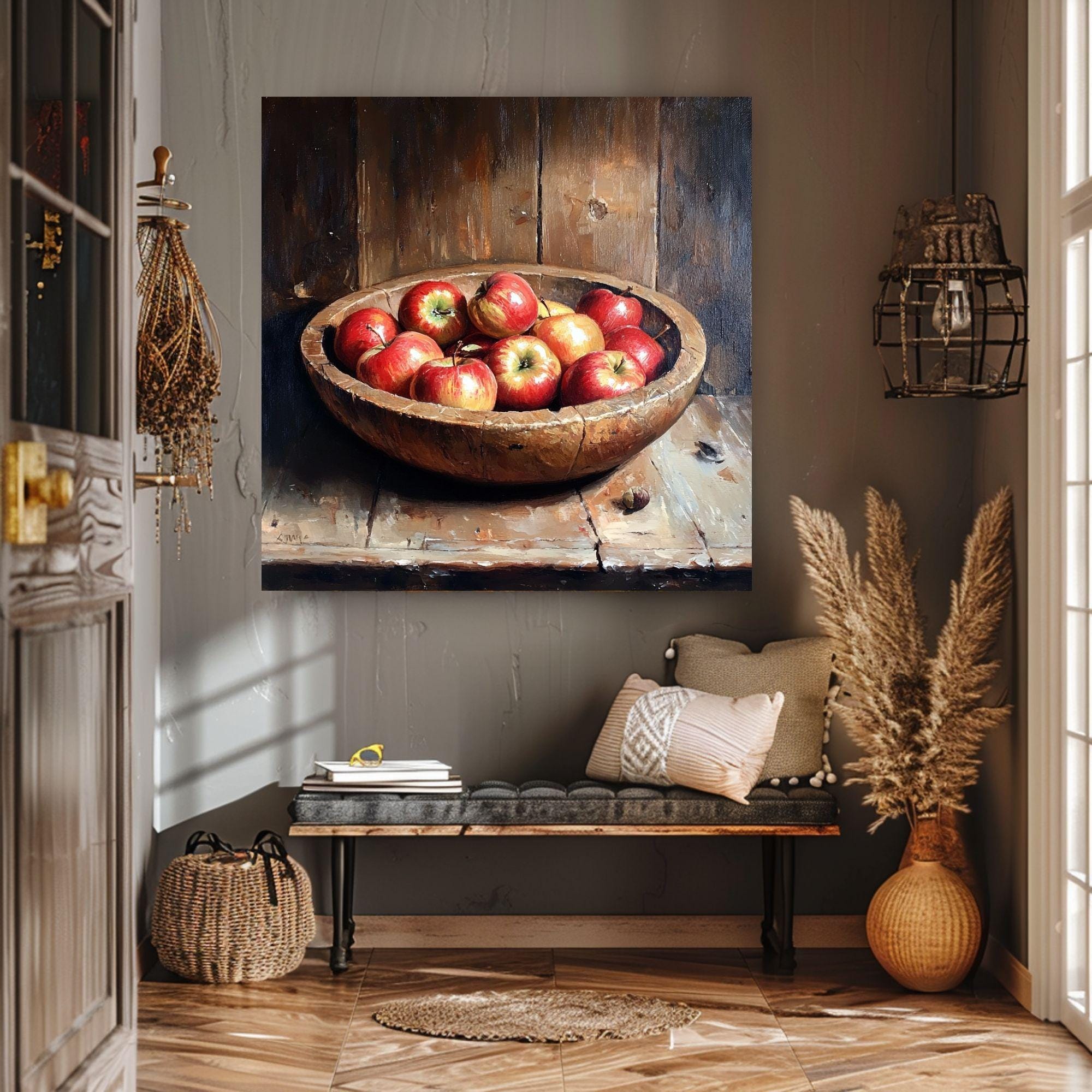 Apple Still Life Painting, Farmhouse Kitchen Wall Art, Fruit Print for Kitchen Art, Traditional Still Life Decor, Country Style Wall Art