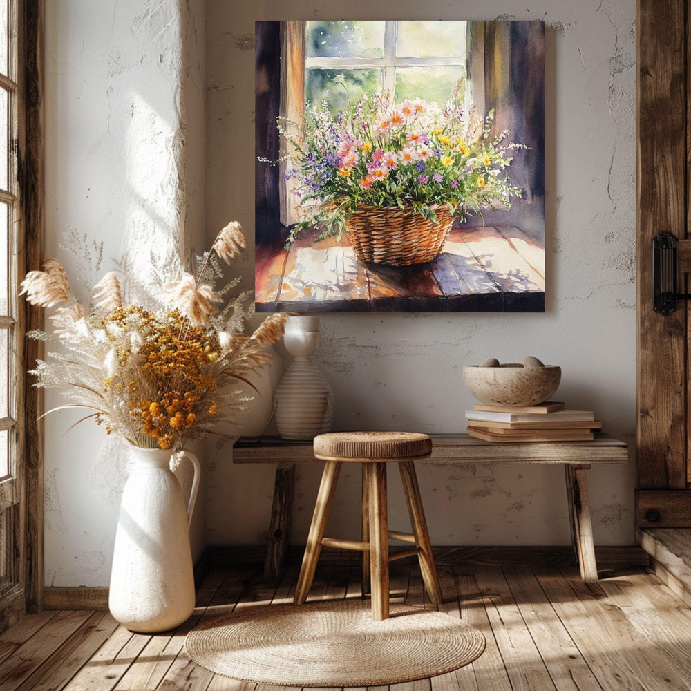 Basket Of Wildflowers Canvas Art, Farmhouse Wildflowers Watercolor Floral Art, Country Style Wall Art, Still Life Wildflower Painting