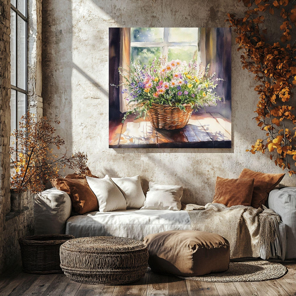 Basket Of Wildflowers Canvas Art, Farmhouse Wildflowers Watercolor Floral Art, Country Style Wall Art, Still Life Wildflower Painting