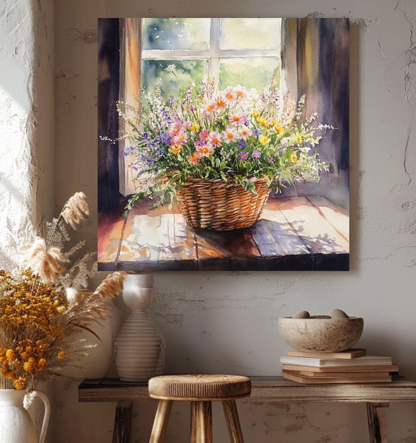 Basket Of Wildflowers Canvas Art, Farmhouse Wildflowers Watercolor Floral Art, Country Style Wall Art, Still Life Wildflower Painting