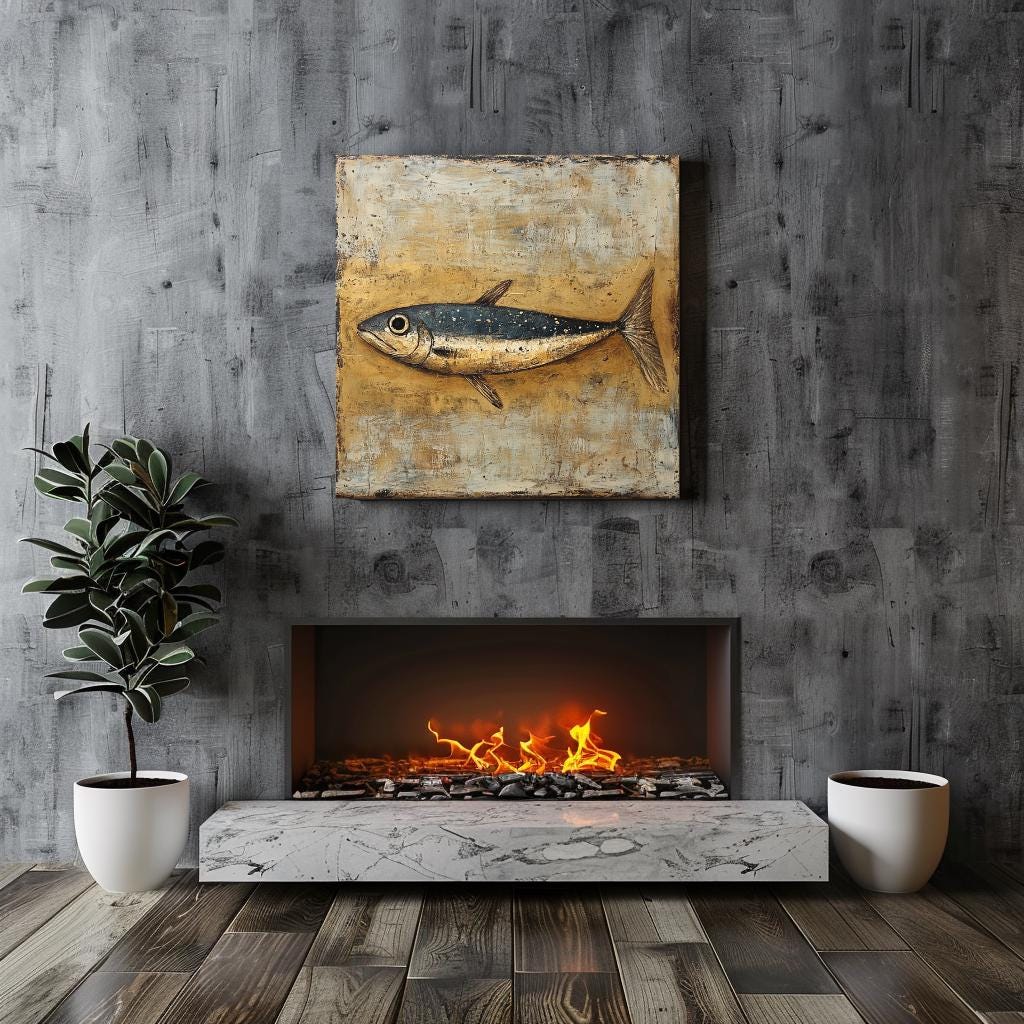 Primitive Sardine Canvas, Coastal Wall Art, Vintage Fish Wall Art, Nature-Inspired Framed Wall Art, Grandma Gift, Living Room Framed Art