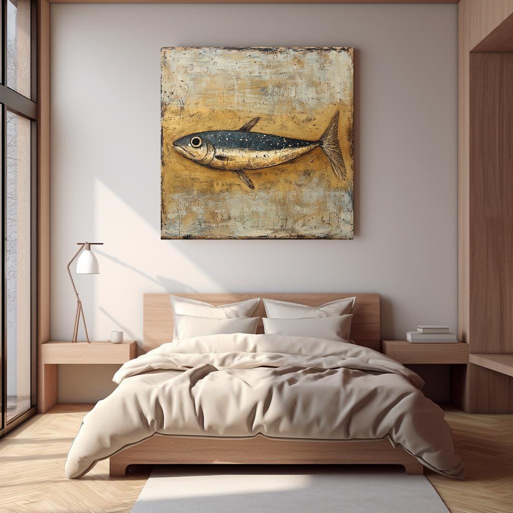 Primitive Sardine Canvas, Coastal Wall Art, Vintage Fish Wall Art, Nature-Inspired Framed Wall Art, Grandma Gift, Living Room Framed Art