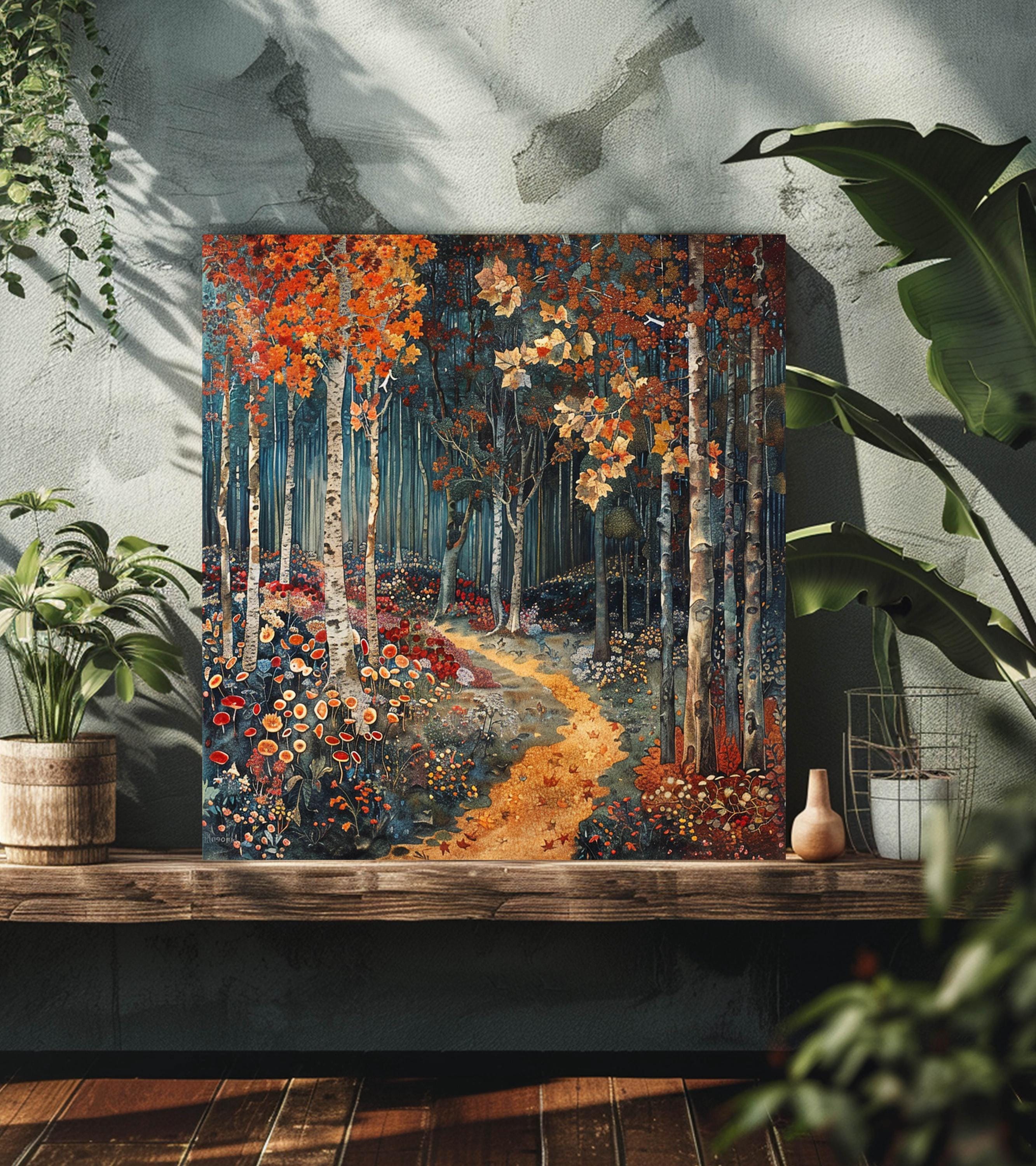 Autumn Forest Wall Art Canvas, Autumn Wall Art, William Morris Art, Black Framed Fall Wall Art for Living Room, Large Square Wall Art Print