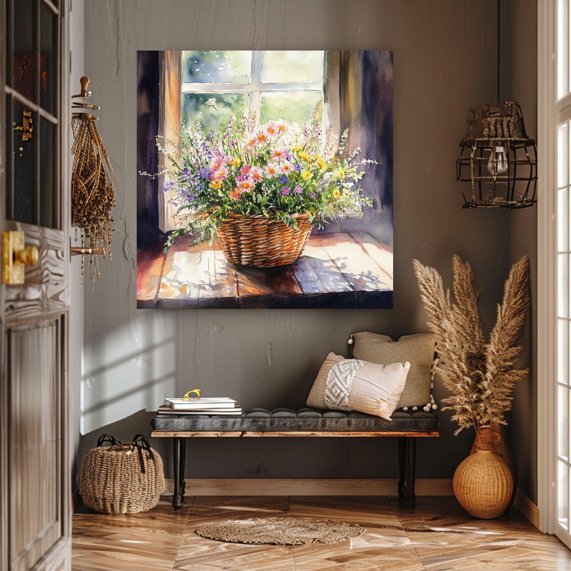 Basket Of Wildflowers Canvas Art, Farmhouse Wildflowers Watercolor Floral Art, Country Style Wall Art, Still Life Wildflower Painting