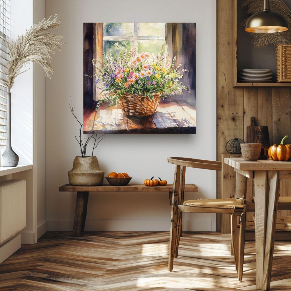 Basket Of Wildflowers Canvas Art, Farmhouse Wildflowers Watercolor Floral Art, Country Style Wall Art, Still Life Wildflower Painting