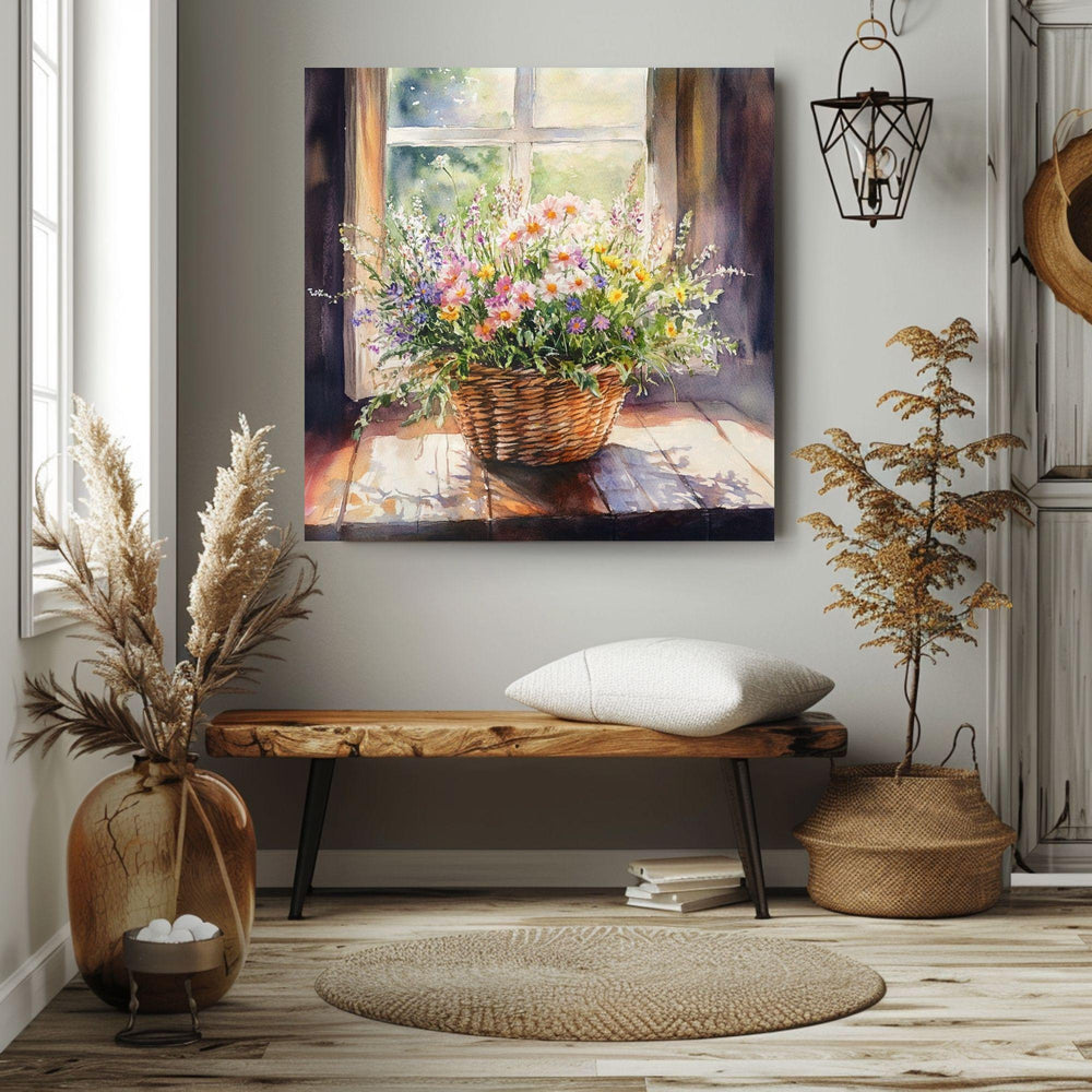 Basket Of Wildflowers Canvas Art, Farmhouse Wildflowers Watercolor Floral Art, Country Style Wall Art, Still Life Wildflower Painting
