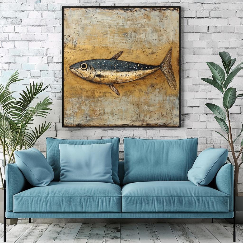 Primitive Sardine Canvas, Coastal Wall Art, Vintage Fish Wall Art, Nature-Inspired Framed Wall Art, Grandma Gift, Living Room Framed Art