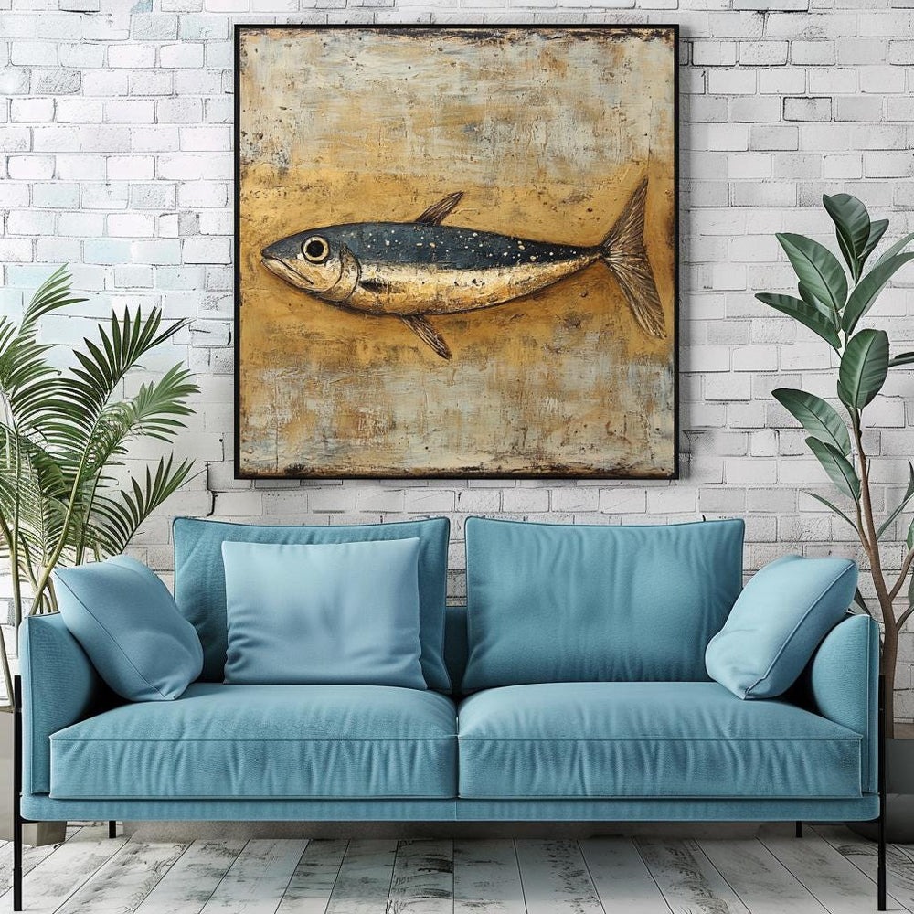 Primitive Sardine Canvas, Coastal Wall Art, Vintage Fish Wall Art, Nature-Inspired Framed Wall Art, Grandma Gift, Living Room Framed Art
