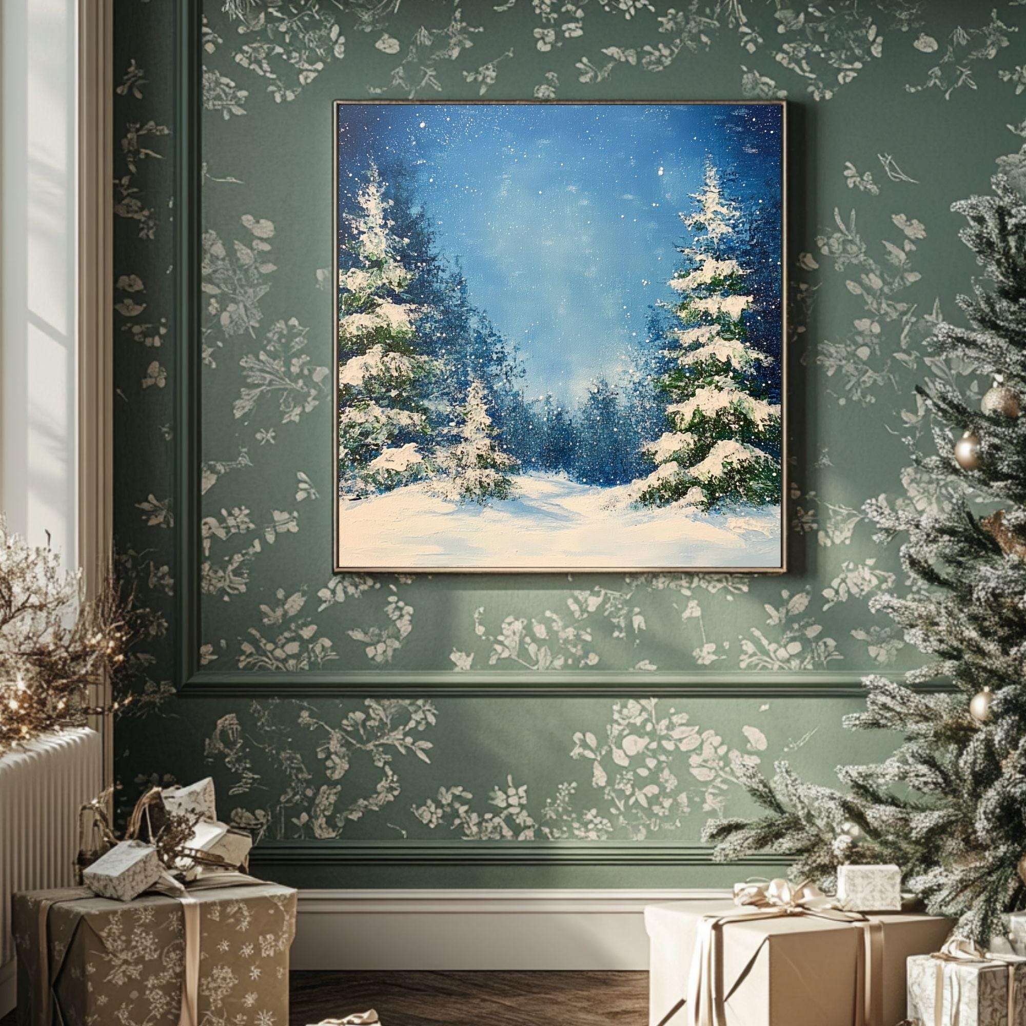 Watercolor Snowy Evergreens Canvas Wall Art, Black Framed Christmas Decor, Winter Square Canvas Hanging Art, Festive Pine Trees Painting