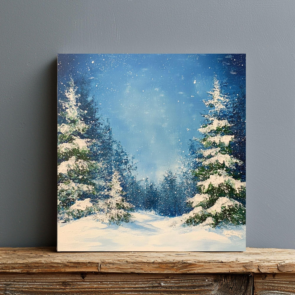Watercolor Snowy Evergreens Canvas Wall Art, Black Framed Christmas Decor, Winter Square Canvas Hanging Art, Festive Pine Trees Painting