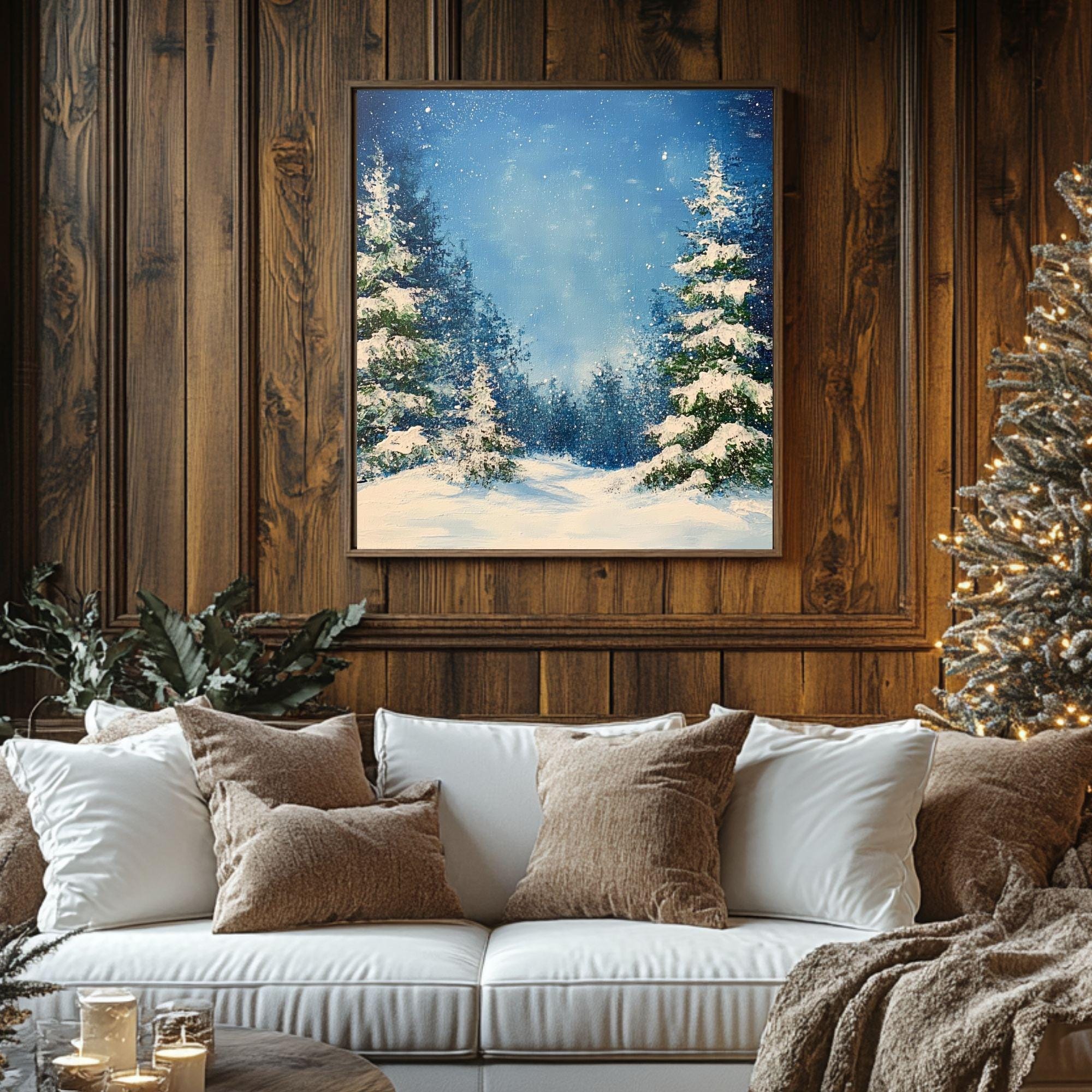 Watercolor Snowy Evergreens Canvas Wall Art, Black Framed Christmas Decor, Winter Square Canvas Hanging Art, Festive Pine Trees Painting