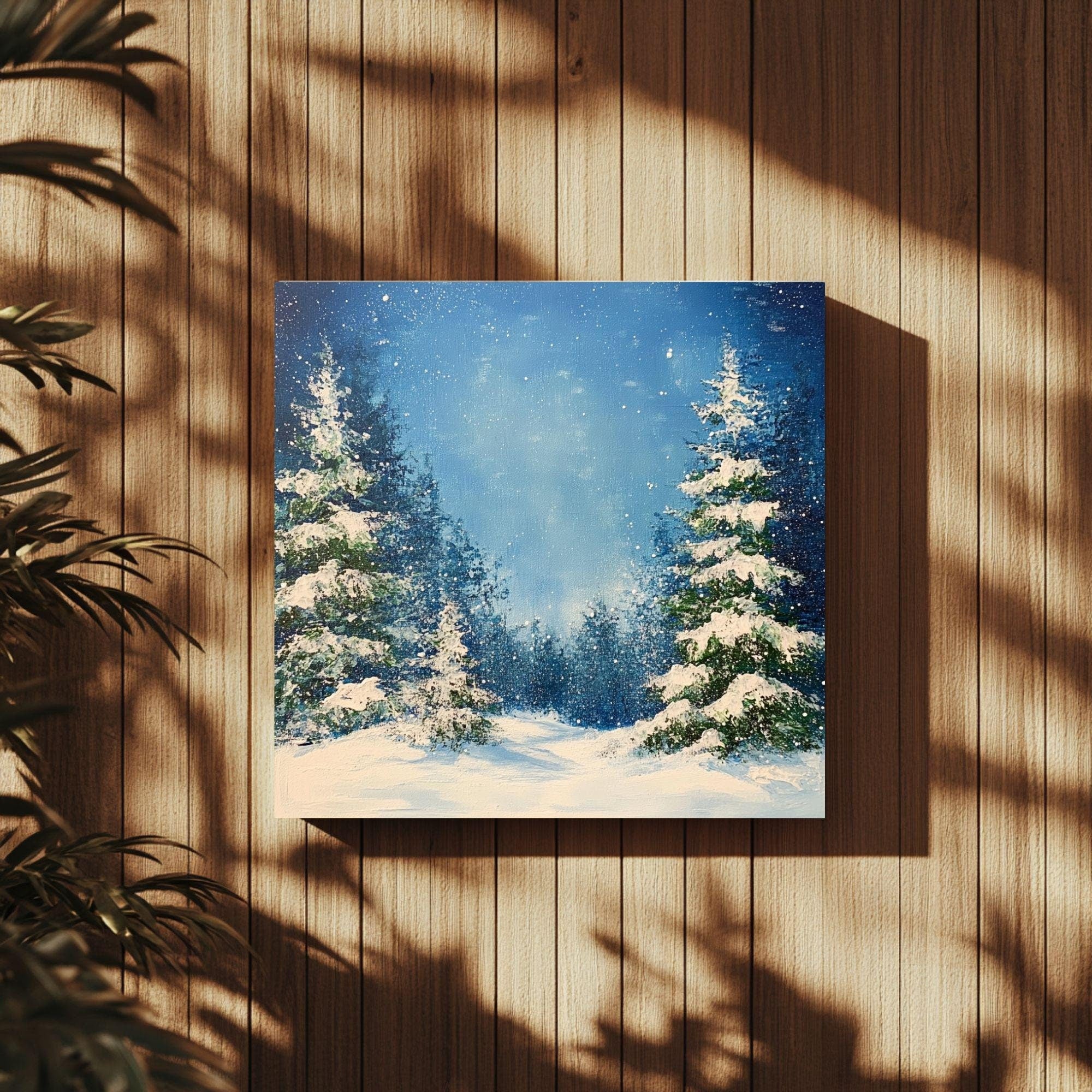 Watercolor Snowy Evergreens Canvas Wall Art, Black Framed Christmas Decor, Winter Square Canvas Hanging Art, Festive Pine Trees Painting