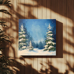 Watercolor Snowy Evergreens Canvas Wall Art, Black Framed Christmas Decor, Winter Square Canvas Hanging Art, Festive Pine Trees Painting