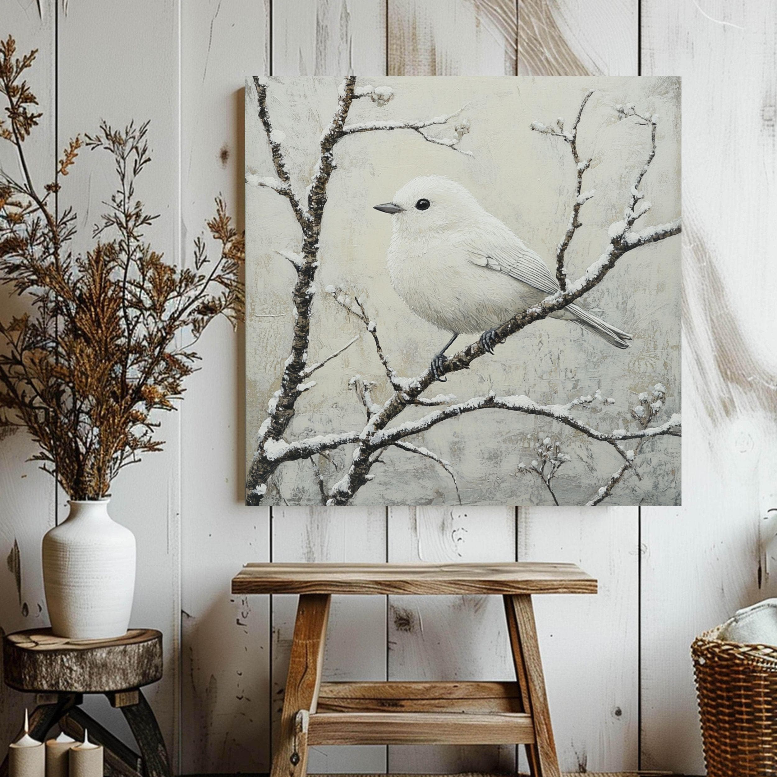 White Winter Bird Canvas Wall Art, Bird Artwork Christmas Home Decor, Cozy Winter Poster, Black Framed Canvas Art, Winter Porch Wall Decor