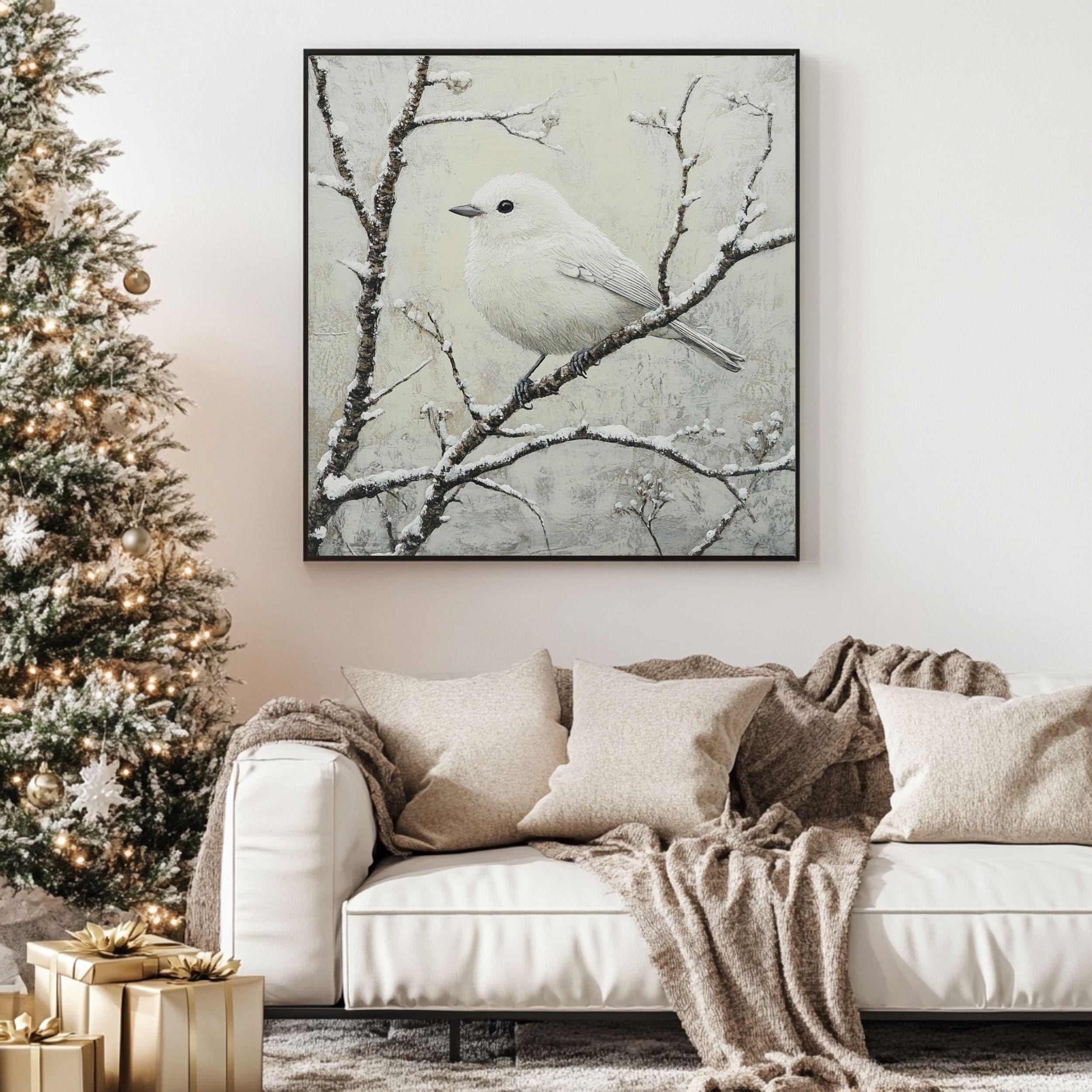 White Winter Bird Canvas Wall Art, Bird Artwork Christmas Home Decor, Cozy Winter Poster, Black Framed Canvas Art, Winter Porch Wall Decor