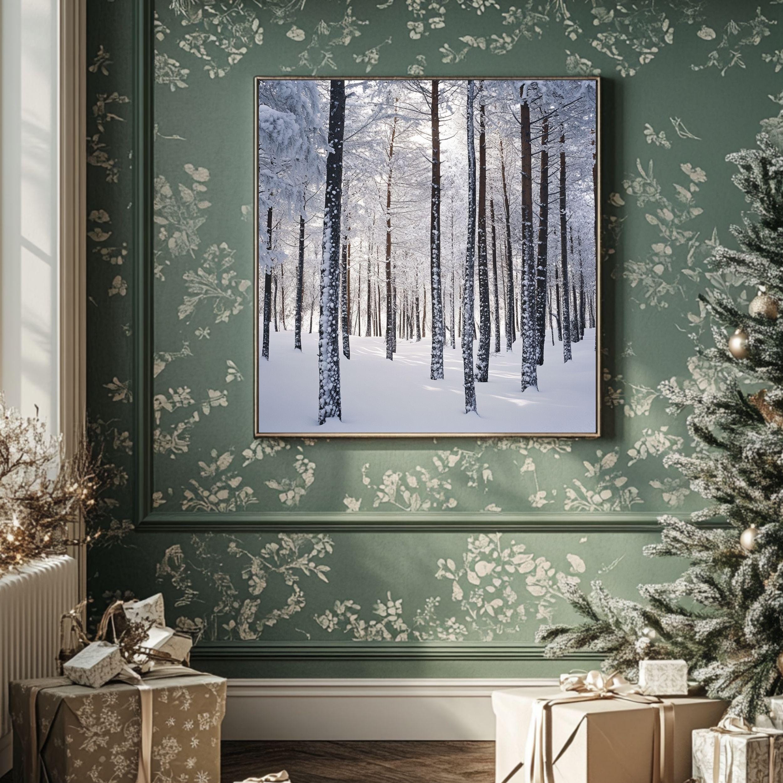 Snowy Forest Scene Canvas Wall Art, Cozy Winter Trees Poster, Serene Christmas Home Decor, Black Framed Christmas Art, Winter Nature Decor