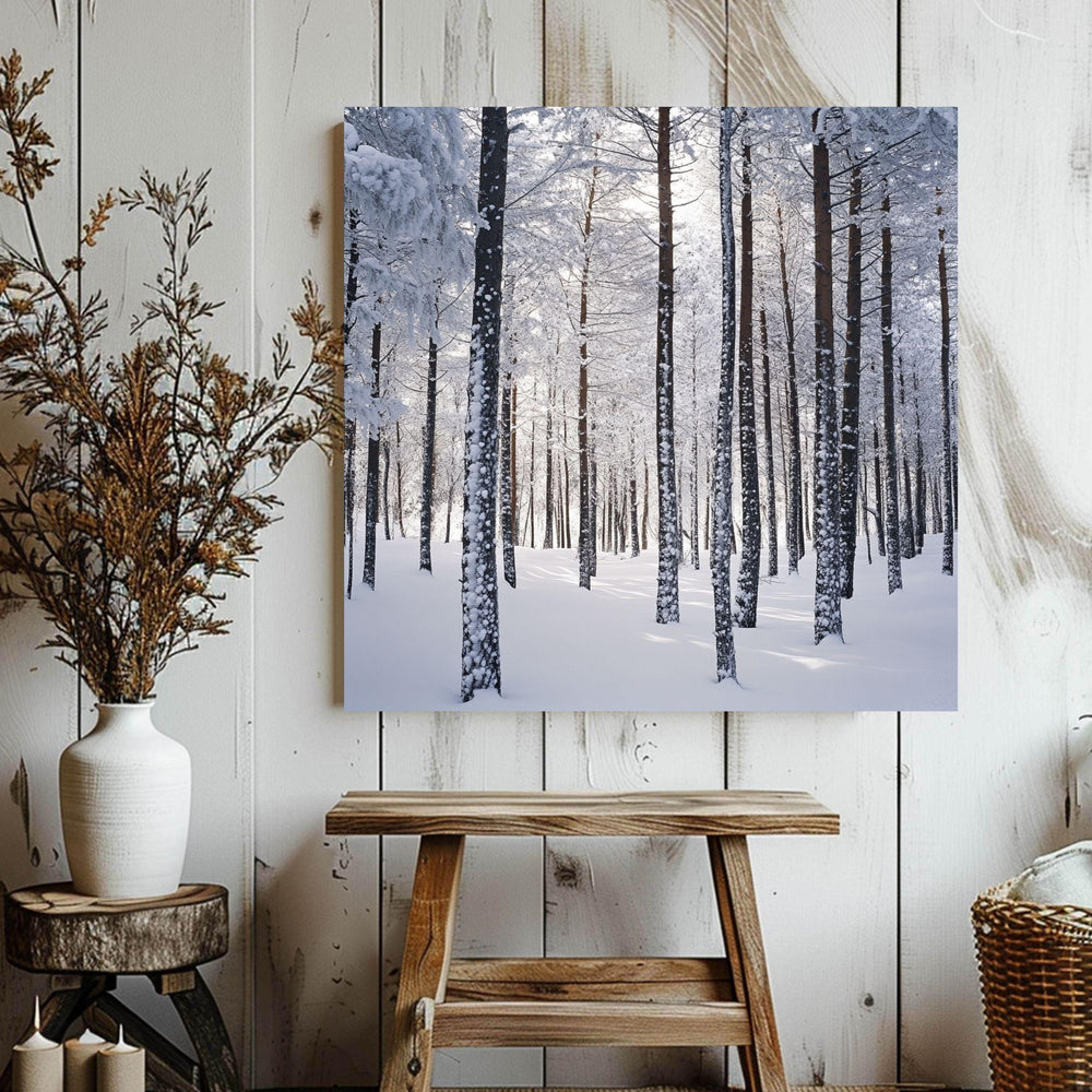Snowy Forest Scene Canvas Wall Art, Cozy Winter Trees Poster, Serene Christmas Home Decor, Black Framed Christmas Art, Winter Nature Decor