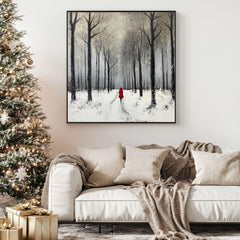Winter Forest Scene Wall Art, Cozy Snowy Trees Black Framed Canvas Art, Snow Covered Nature Poster, Winter Christmas Wall Decor