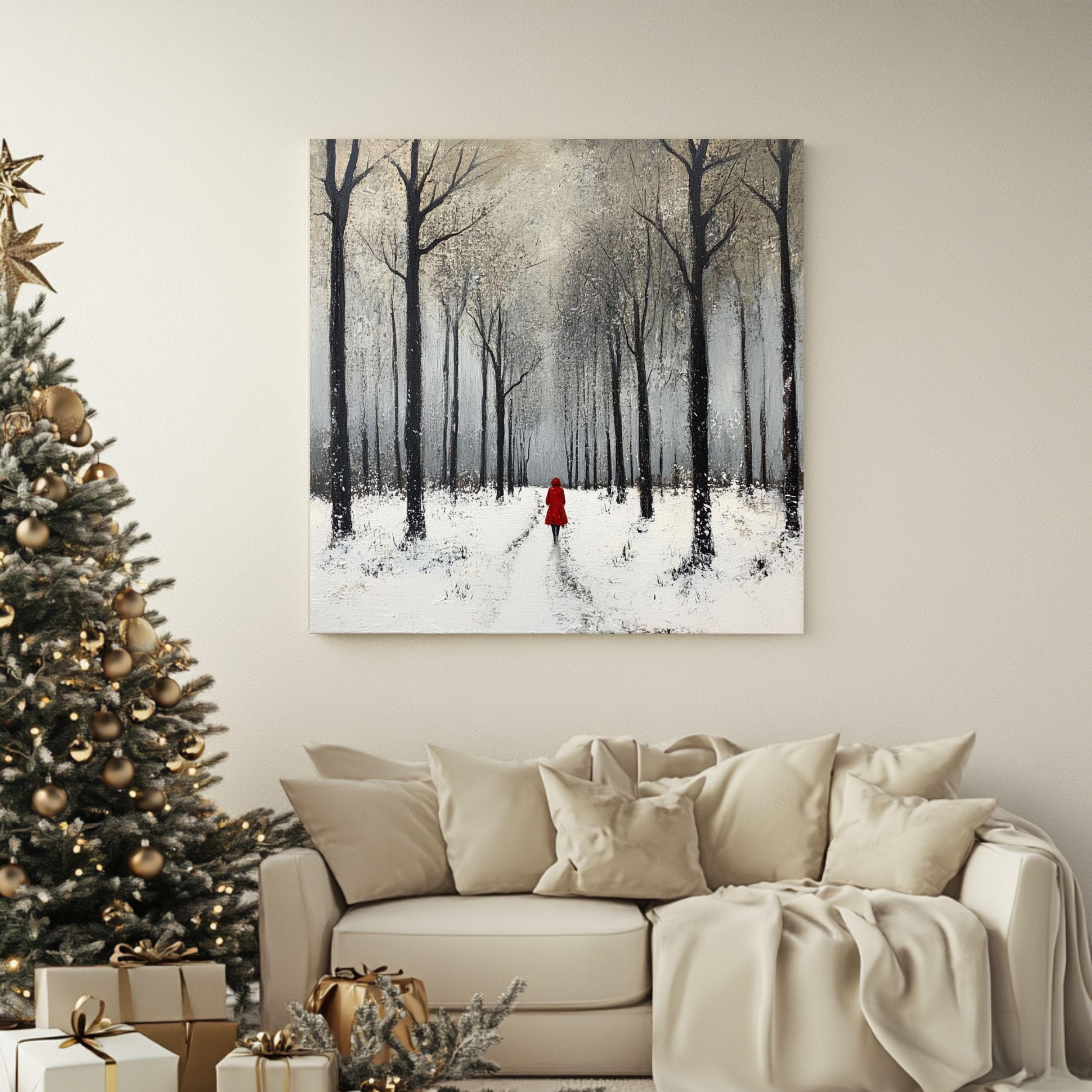 Winter Forest Scene Wall Art, Cozy Snowy Trees Black Framed Canvas Art, Snow Covered Nature Poster, Winter Christmas Wall Decor
