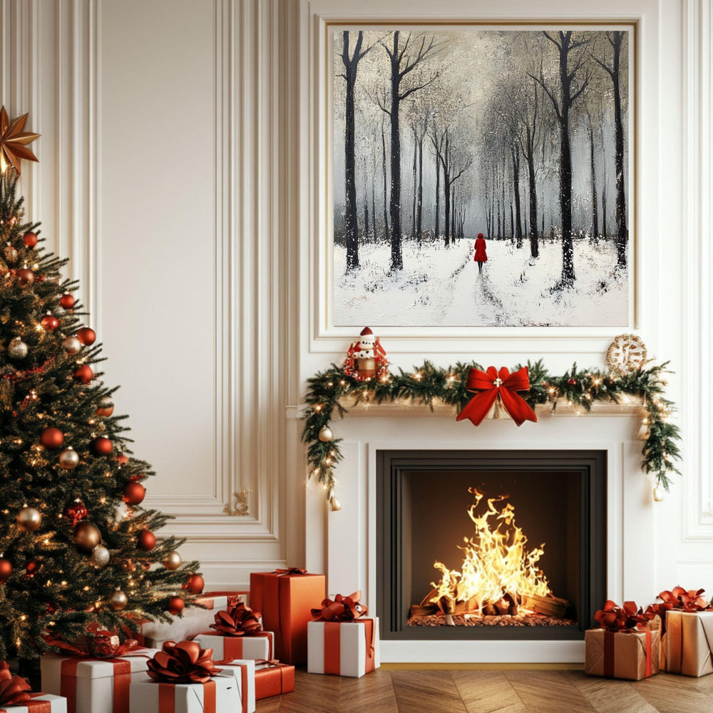 Winter Forest Scene Wall Art, Cozy Snowy Trees Black Framed Canvas Art, Snow Covered Nature Poster, Winter Christmas Wall Decor
