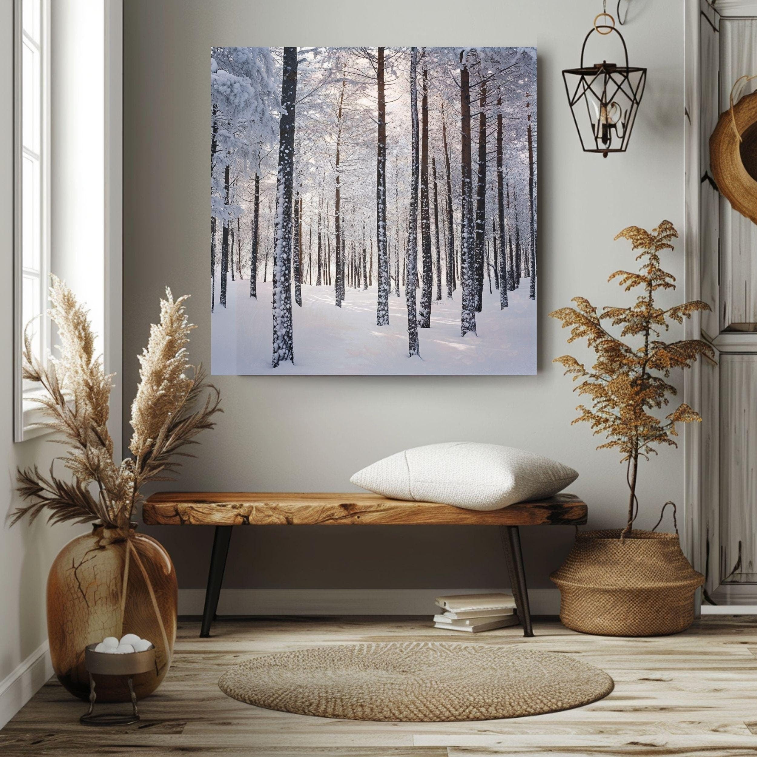 Snowy Forest Scene Canvas Wall Art, Cozy Winter Trees Poster, Serene Christmas Home Decor, Black Framed Christmas Art, Winter Nature Decor