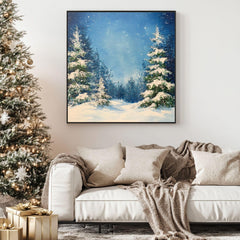 Watercolor Snowy Evergreens Canvas Wall Art, Black Framed Christmas Decor, Winter Square Canvas Hanging Art, Festive Pine Trees Painting