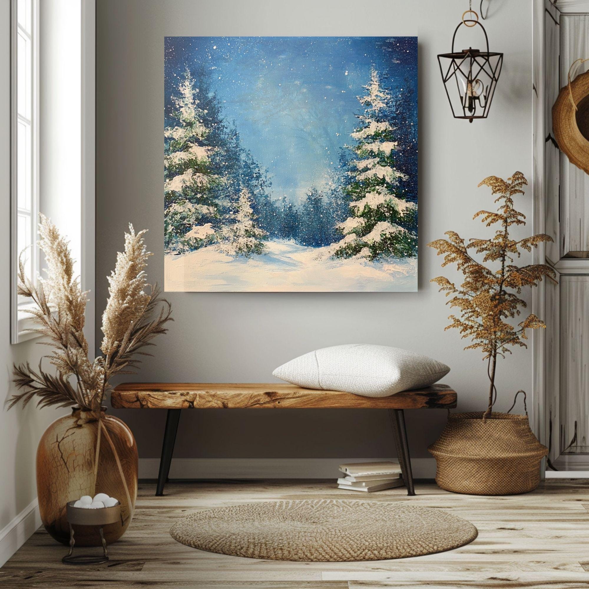 Watercolor Snowy Evergreens Canvas Wall Art, Black Framed Christmas Decor, Winter Square Canvas Hanging Art, Festive Pine Trees Painting