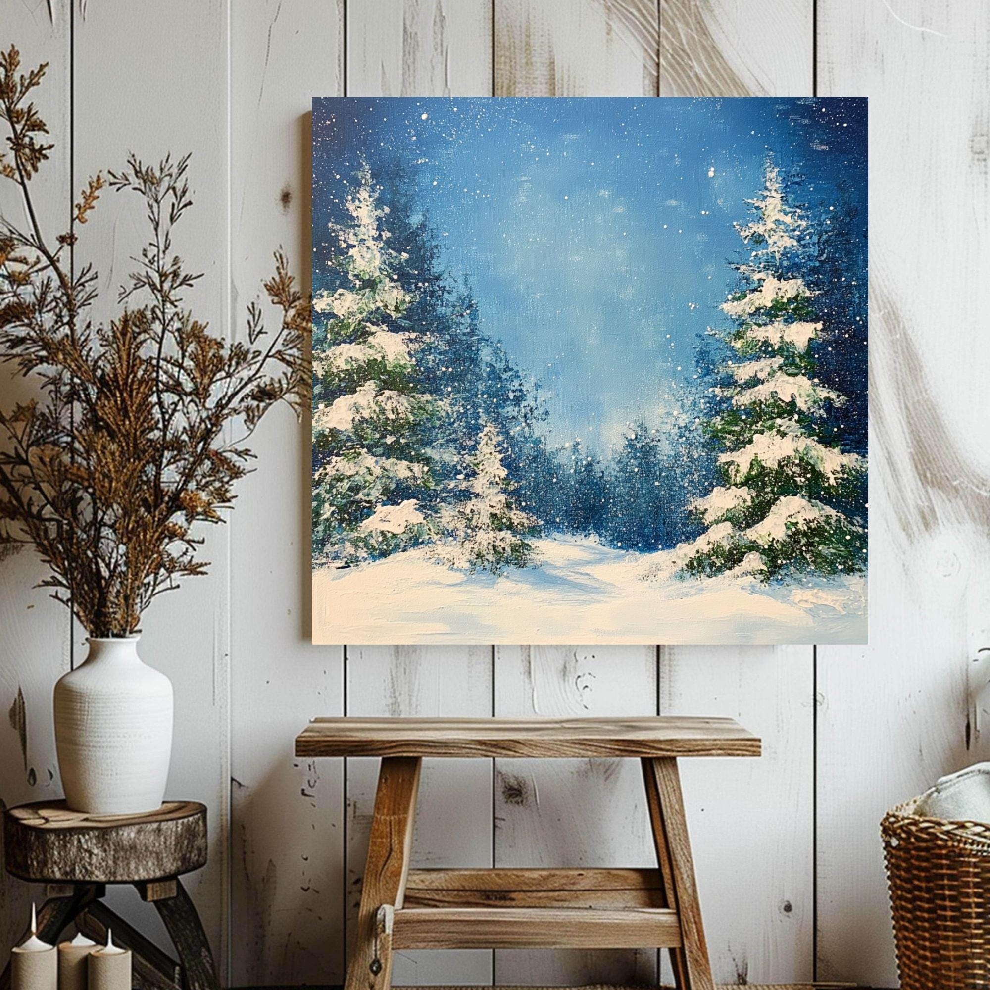 Watercolor Snowy Evergreens Canvas Wall Art, Black Framed Christmas Decor, Winter Square Canvas Hanging Art, Festive Pine Trees Painting