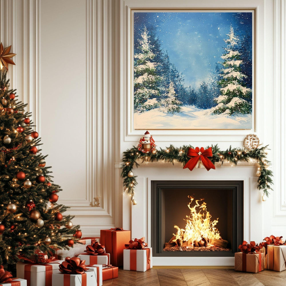 Watercolor Snowy Evergreens Canvas Wall Art, Black Framed Christmas Decor, Winter Square Canvas Hanging Art, Festive Pine Trees Painting