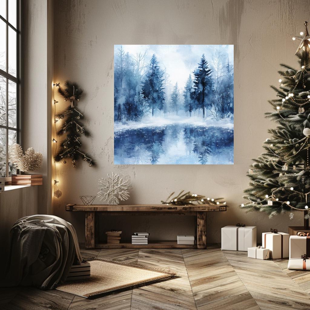 Winter Forest Wall Art, Black Framed Wall Art for Living Room, Blue Forest Wall Art, Nature Wall Art, Christmas Wall Art, Winter Poster