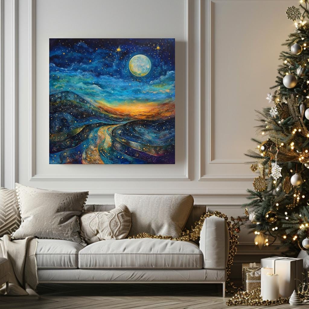 Starry Night Wall Art Canvas, Mystical Wall Art Decor, Large Wall Art, Wall Hanging Black Framed Wall Art, Christmas Canvas, Winter Wall Art
