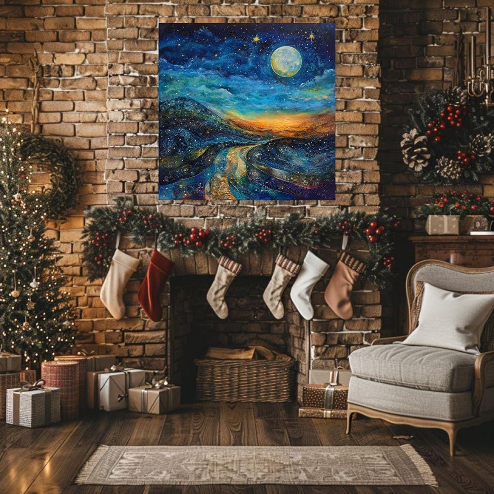 Starry Night Wall Art Canvas, Mystical Wall Art Decor, Large Wall Art, Wall Hanging Black Framed Wall Art, Christmas Canvas, Winter Wall Art
