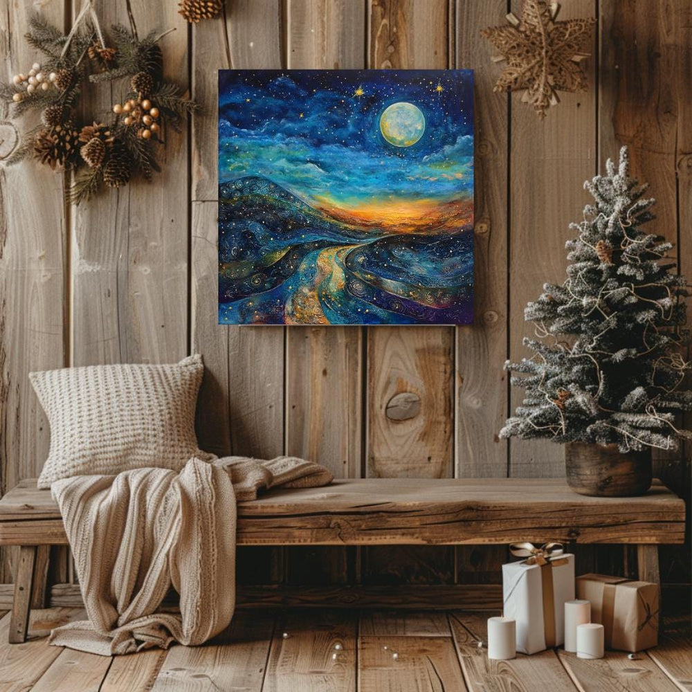 Starry Night Wall Art Canvas, Mystical Wall Art Decor, Large Wall Art, Wall Hanging Black Framed Wall Art, Christmas Canvas, Winter Wall Art