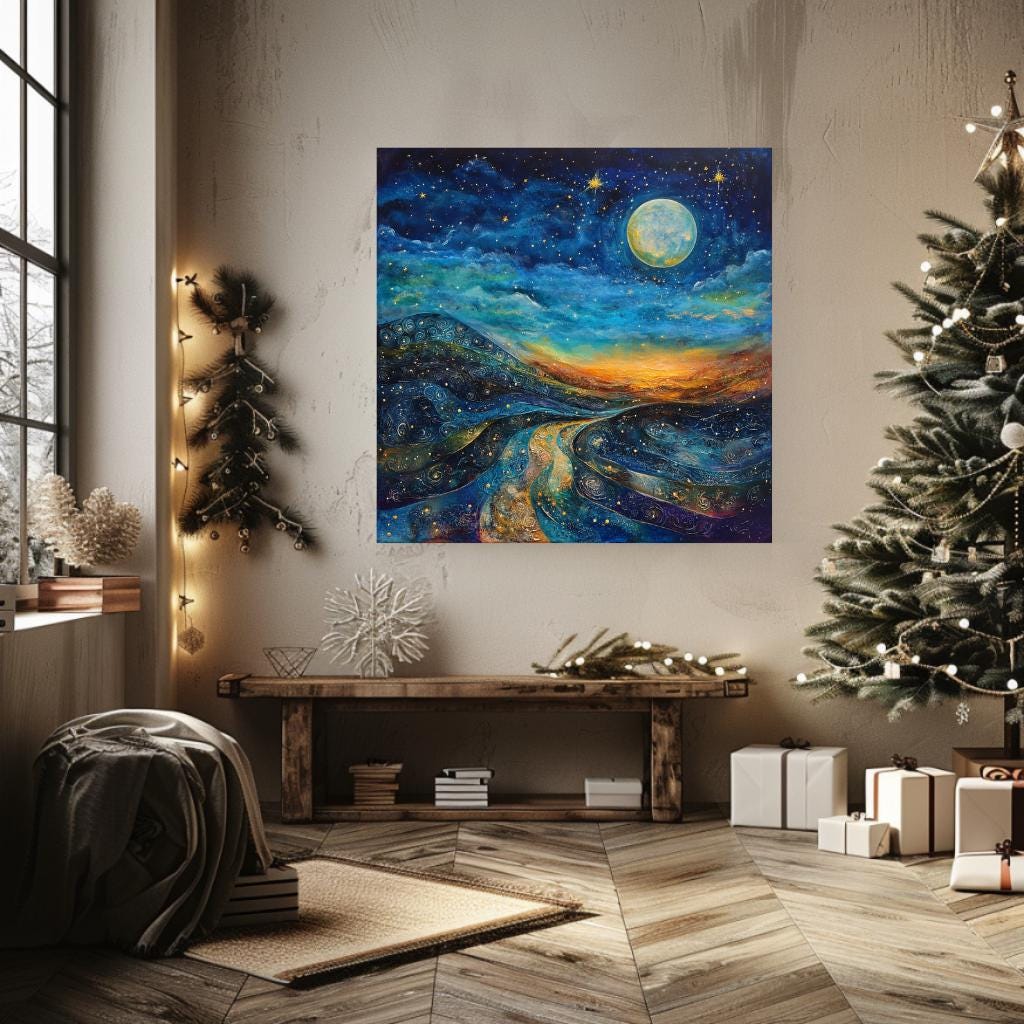 Starry Night Wall Art Canvas, Mystical Wall Art Decor, Large Wall Art, Wall Hanging Black Framed Wall Art, Christmas Canvas, Winter Wall Art
