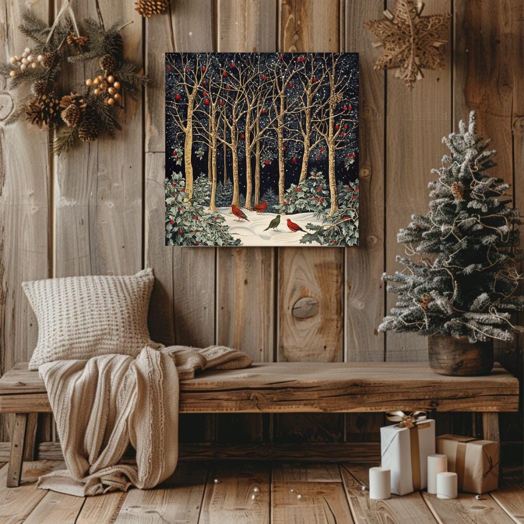 Morris Inspired Wall Art, Living Room Decor, Large Wall Art, Christmas Wall Art, Christmas Gift, Vintage Forest Wall Canvas, Above Bed Decor