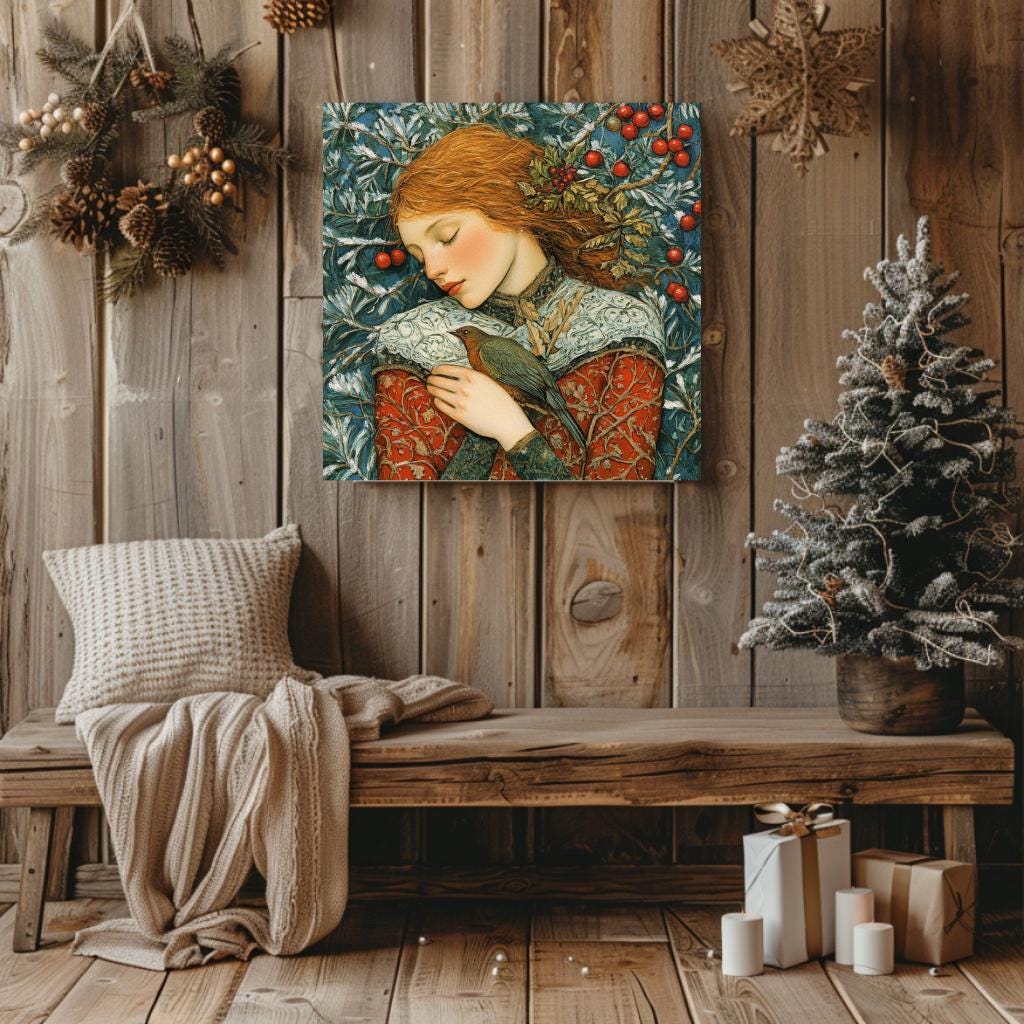 Woman William Morris Inspired Art, Vintage Christmas Wall Art, Ready to Hang Christmas Decor, Christmas Gift William Morris Christmas Art
