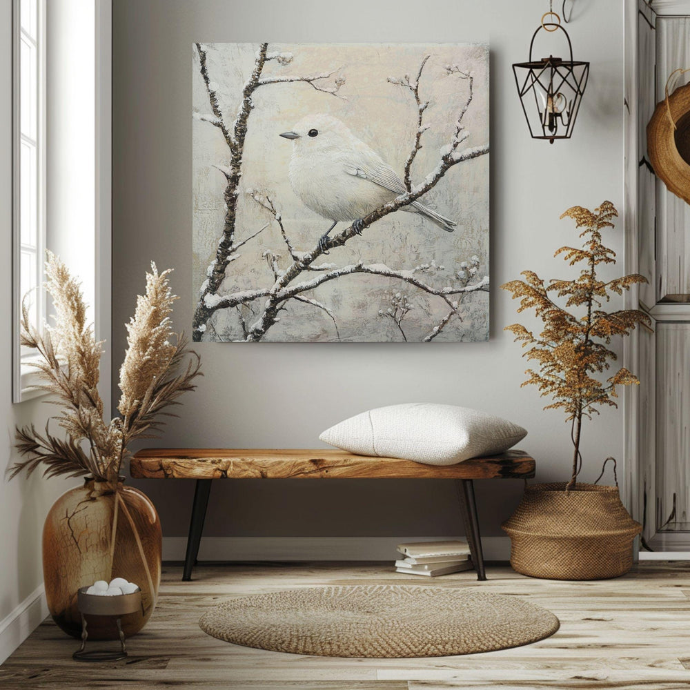 White Winter Bird Canvas Wall Art, Bird Artwork Christmas Home Decor, Cozy Winter Poster, Black Framed Canvas Art, Winter Porch Wall Decor