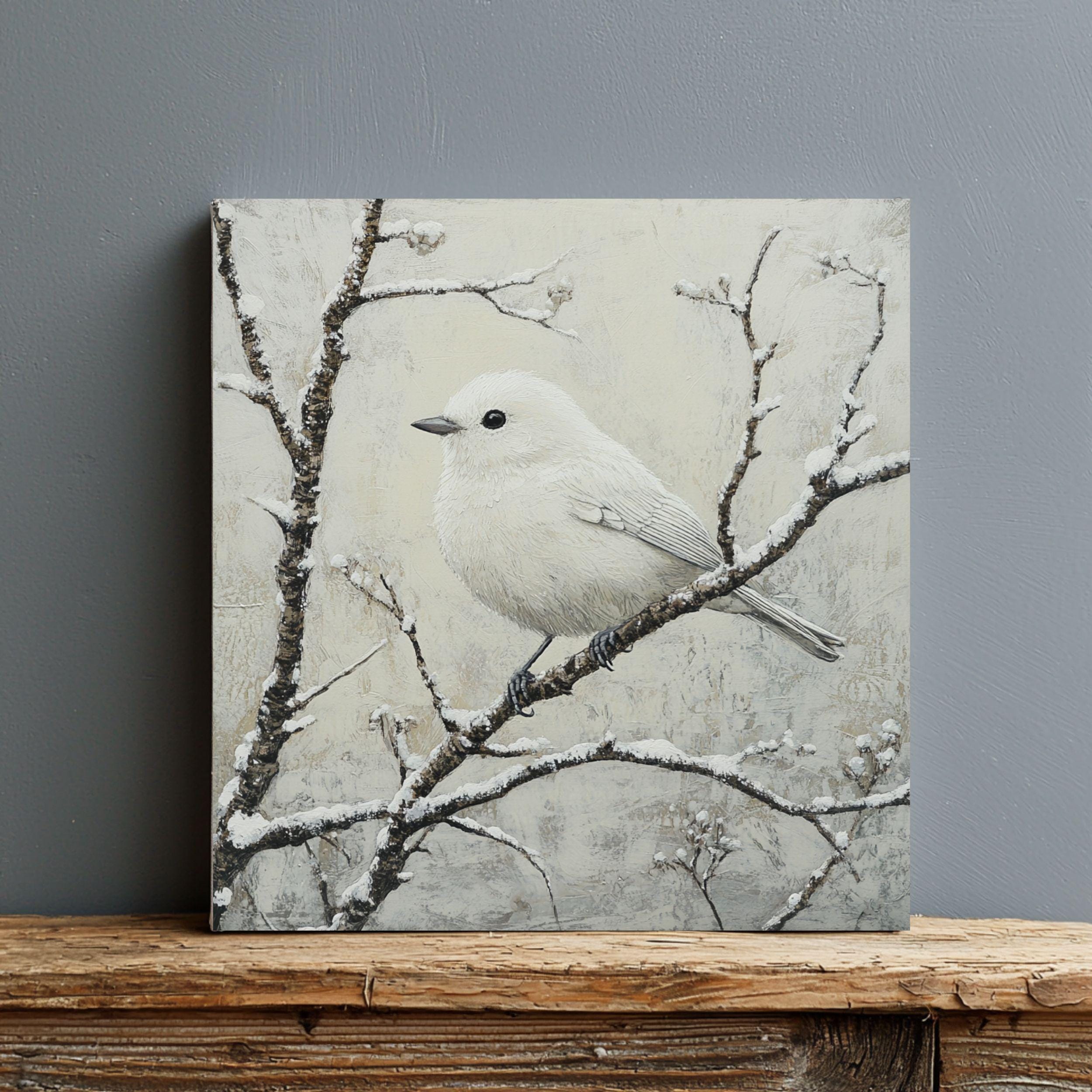 White Winter Bird Canvas Wall Art, Bird Artwork Christmas Home Decor, Cozy Winter Poster, Black Framed Canvas Art, Winter Porch Wall Decor