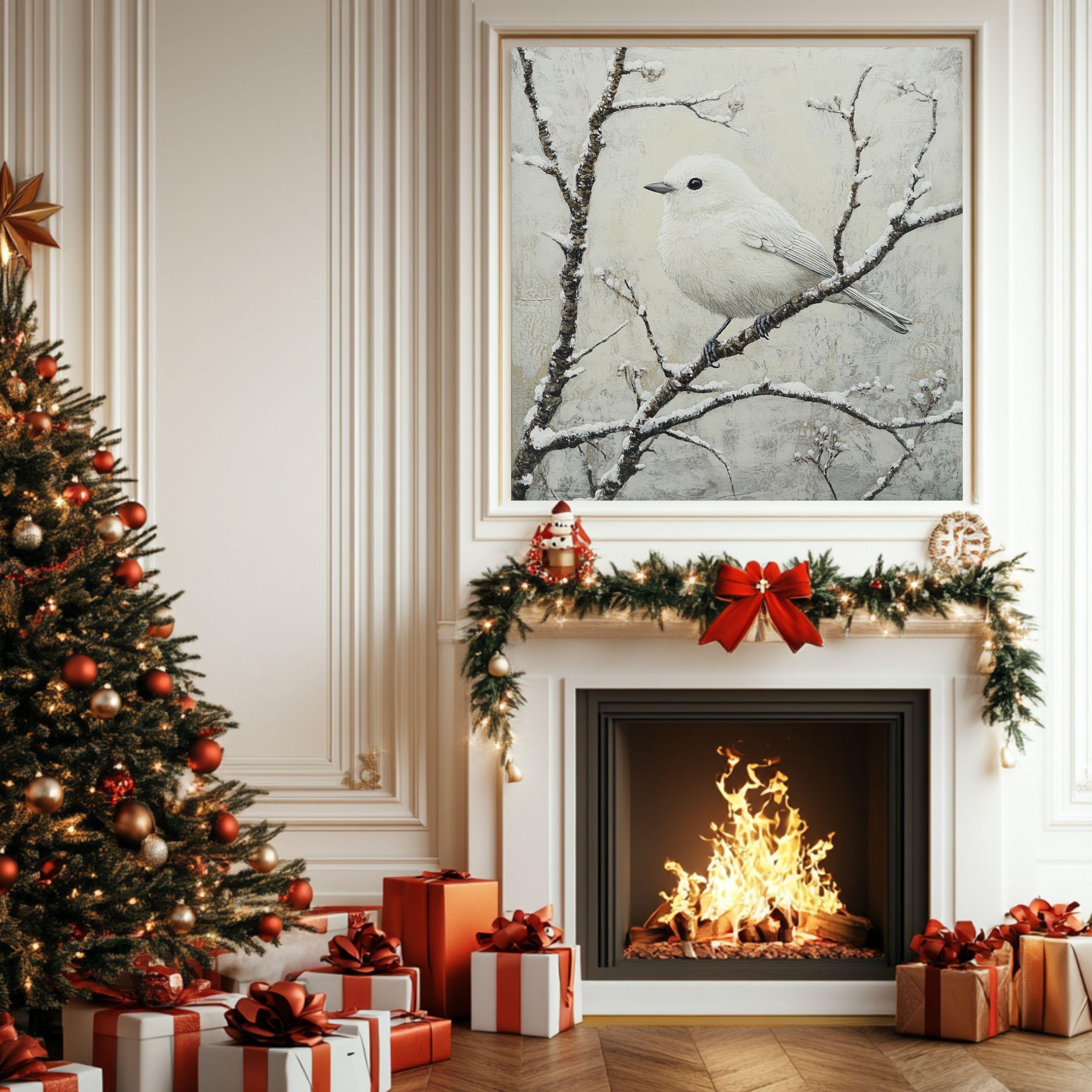 White Winter Bird Canvas Wall Art, Bird Artwork Christmas Home Decor, Cozy Winter Poster, Black Framed Canvas Art, Winter Porch Wall Decor