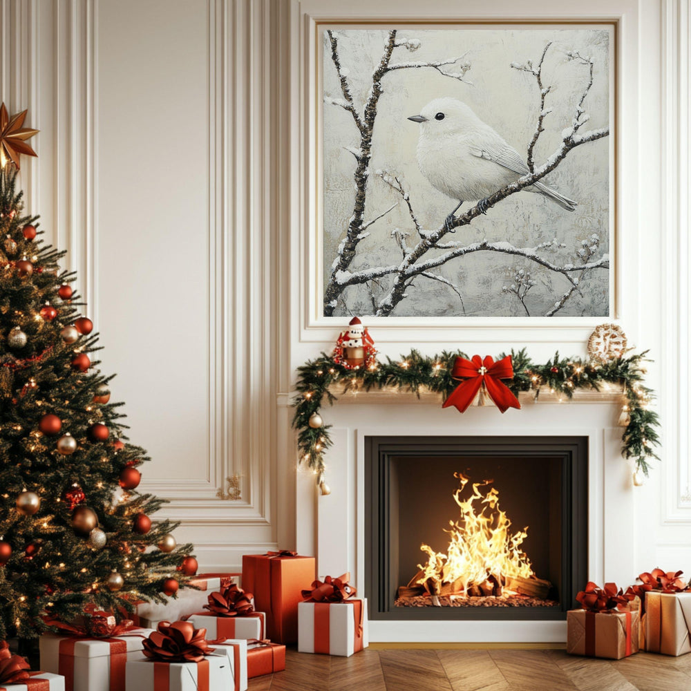 White Winter Bird Canvas Wall Art, Bird Artwork Christmas Home Decor, Cozy Winter Poster, Black Framed Canvas Art, Winter Porch Wall Decor