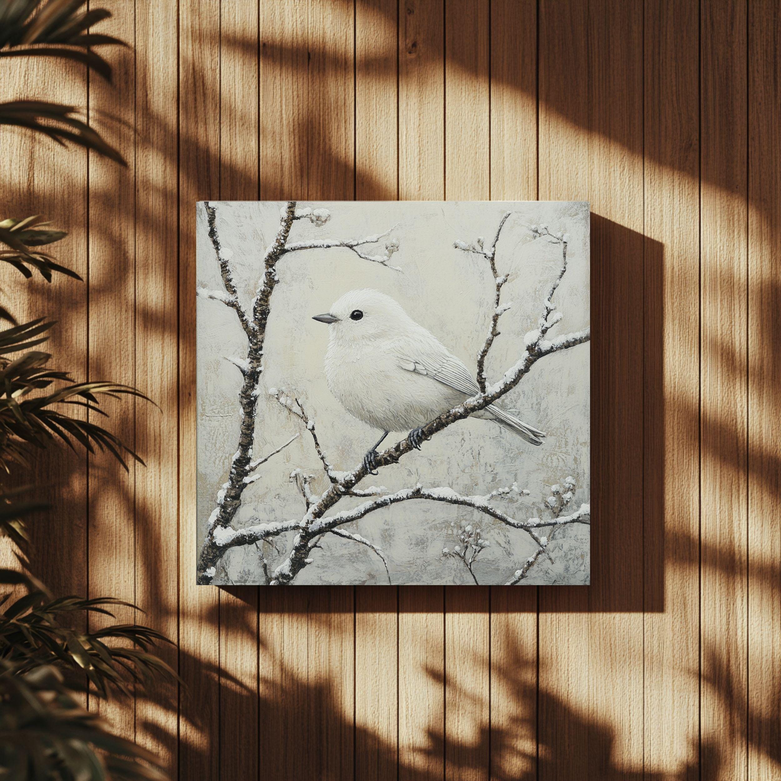 White Winter Bird Canvas Wall Art, Bird Artwork Christmas Home Decor, Cozy Winter Poster, Black Framed Canvas Art, Winter Porch Wall Decor