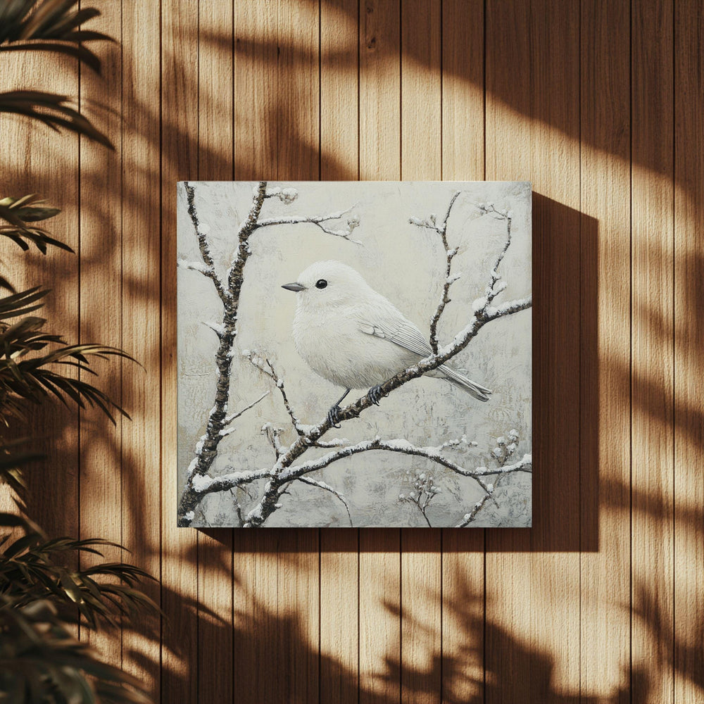 White Winter Bird Canvas Wall Art, Bird Artwork Christmas Home Decor, Cozy Winter Poster, Black Framed Canvas Art, Winter Porch Wall Decor