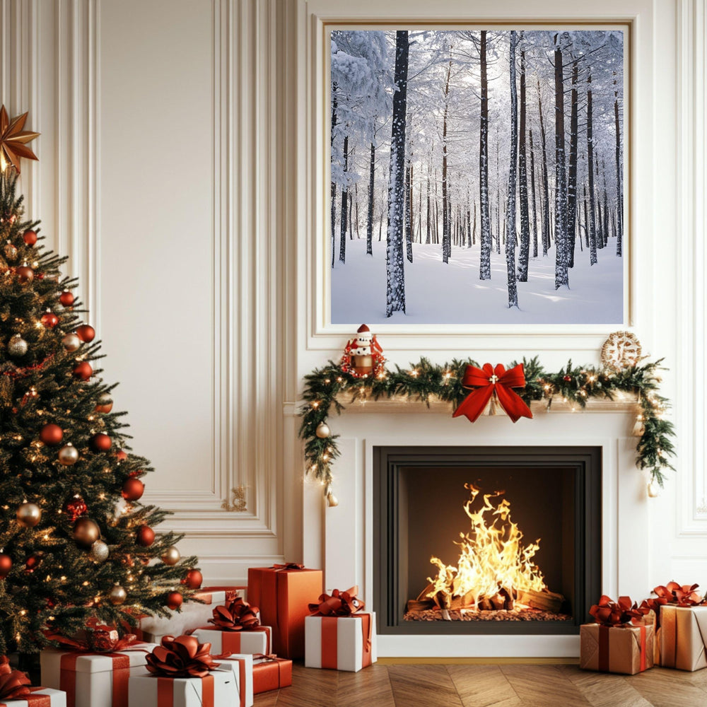 Snowy Forest Scene Canvas Wall Art, Cozy Winter Trees Poster, Serene Christmas Home Decor, Black Framed Christmas Art, Winter Nature Decor