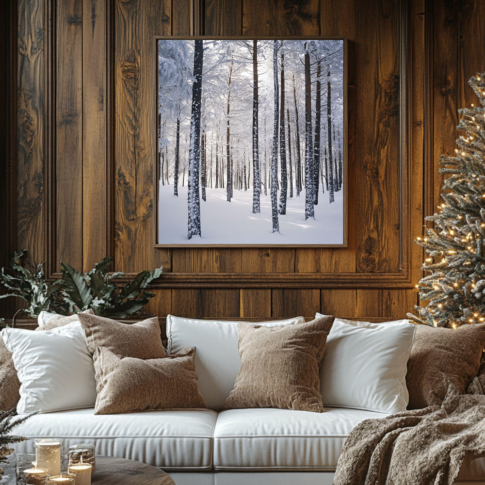 Snowy Forest Scene Canvas Wall Art, Cozy Winter Trees Poster, Serene Christmas Home Decor, Black Framed Christmas Art, Winter Nature Decor