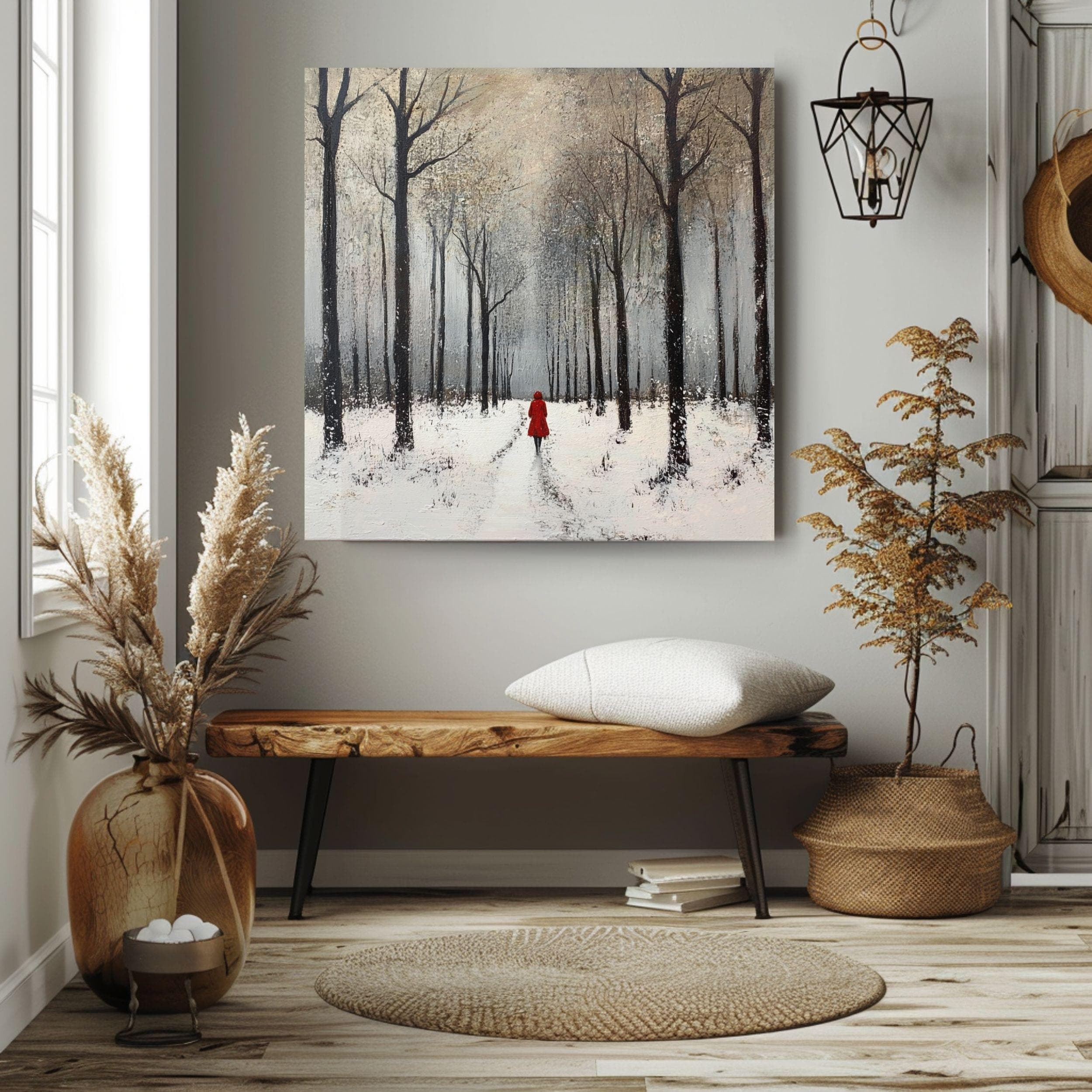 Winter Forest Scene Wall Art, Cozy Snowy Trees Black Framed Canvas Art, Snow Covered Nature Poster, Winter Christmas Wall Decor