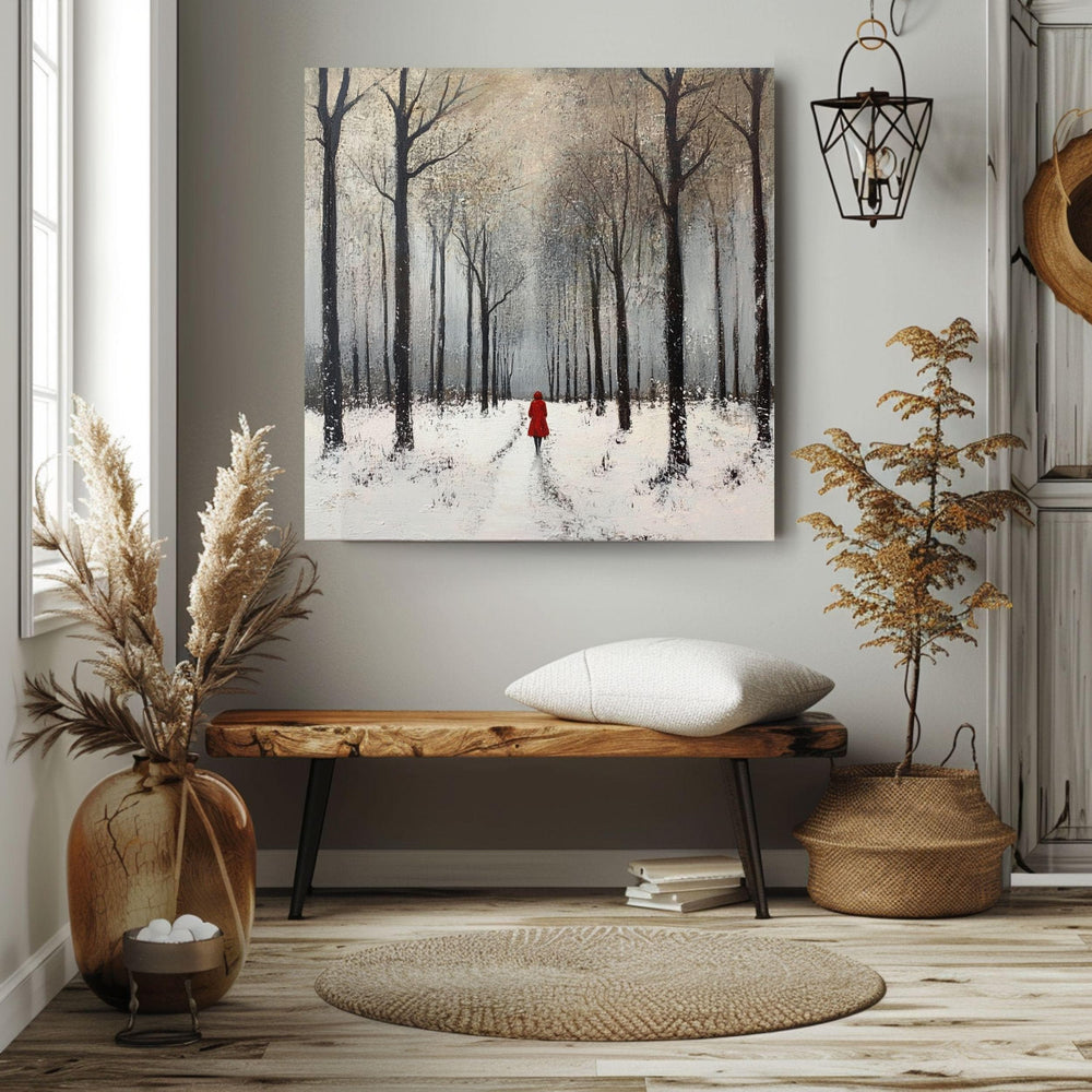 Winter Forest Scene Wall Art, Cozy Snowy Trees Black Framed Canvas Art, Snow Covered Nature Poster, Winter Christmas Wall Decor