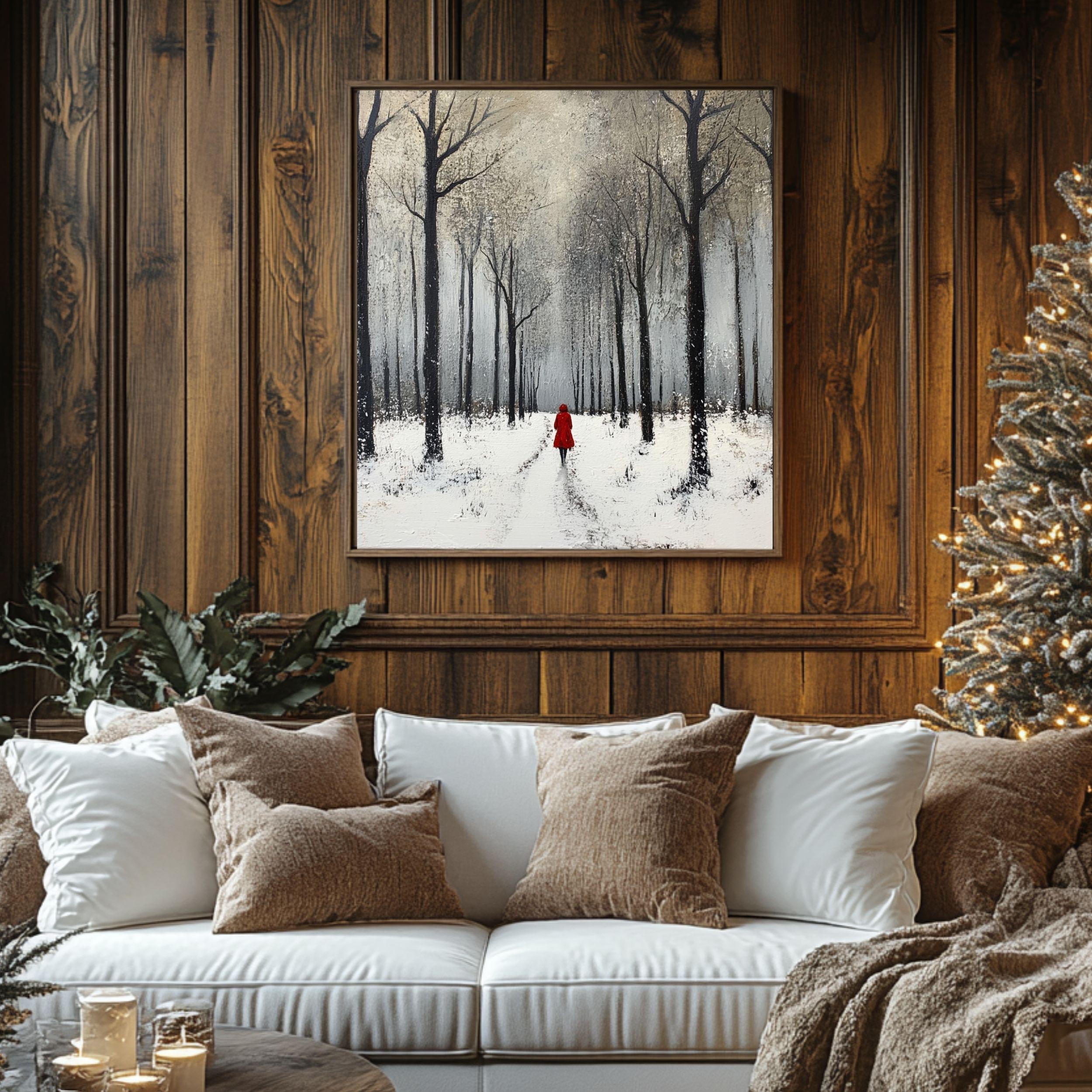 Winter Forest Scene Wall Art, Cozy Snowy Trees Black Framed Canvas Art, Snow Covered Nature Poster, Winter Christmas Wall Decor