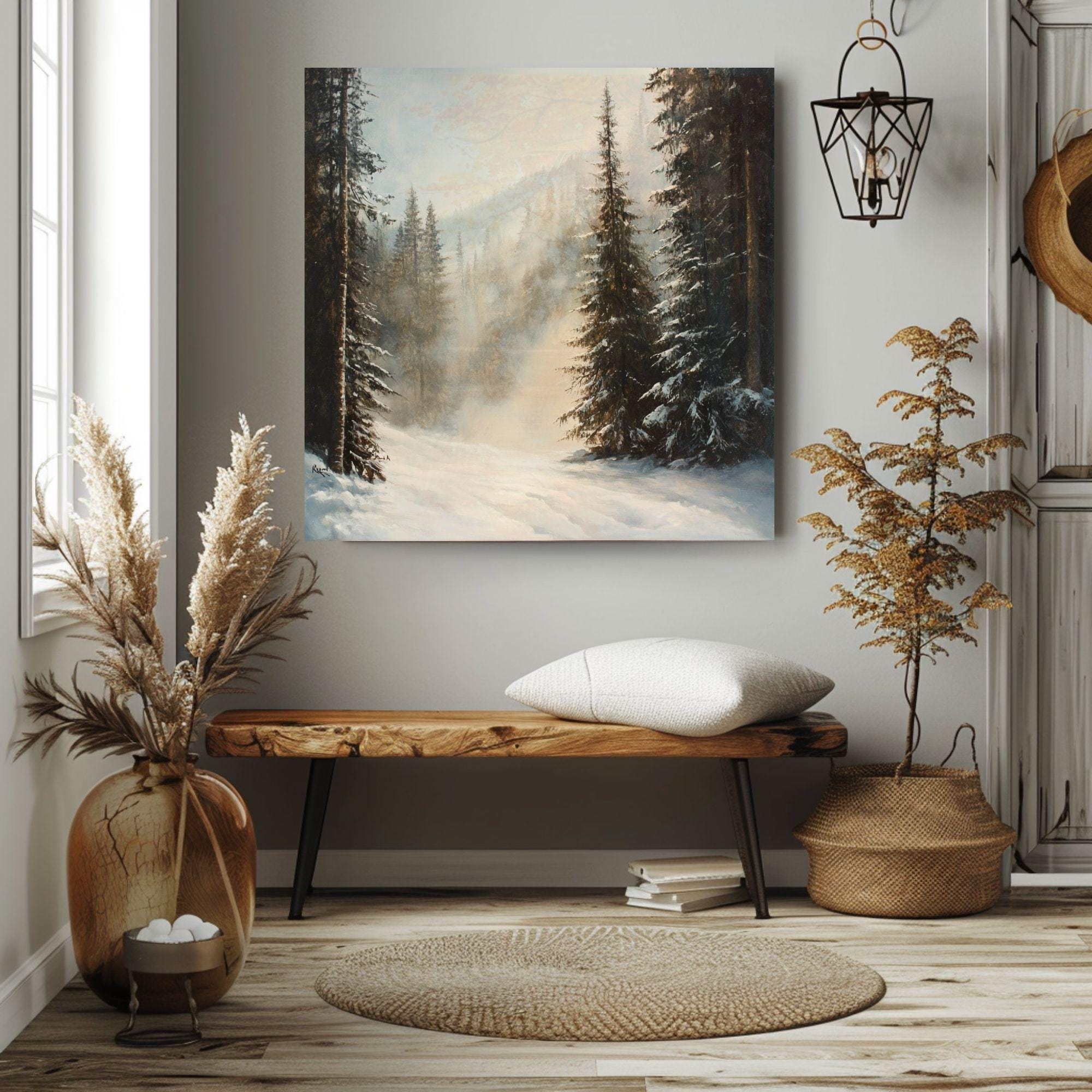 Evergreen Forest Winter Snow Scene Wall Art, Christmas Living Room Artwork, Snowy Pine Trees Print